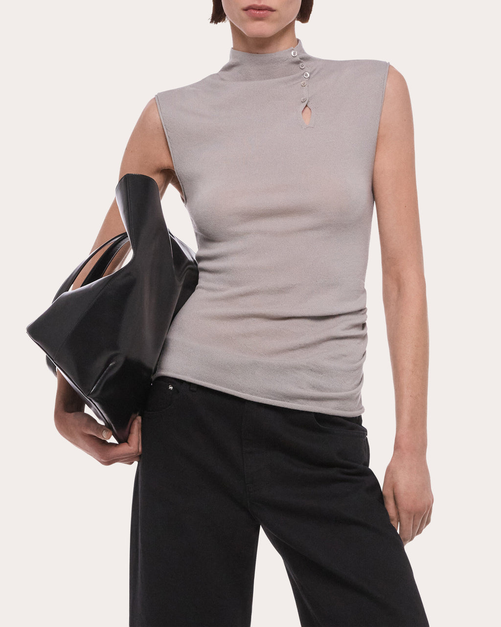 Wool Sleeveless Button Mock Neck Top