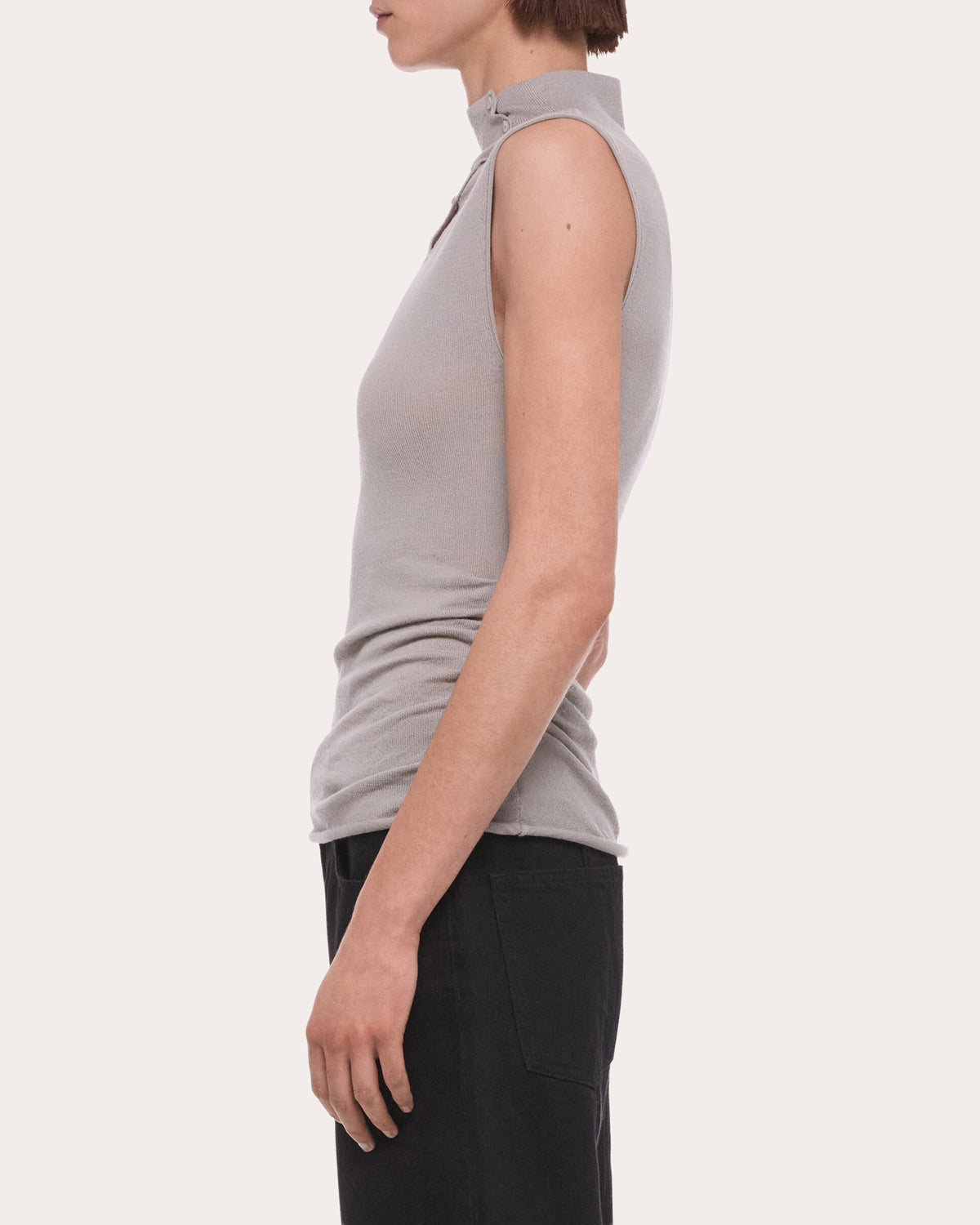 Wool Sleeveless Button Mock Neck Top