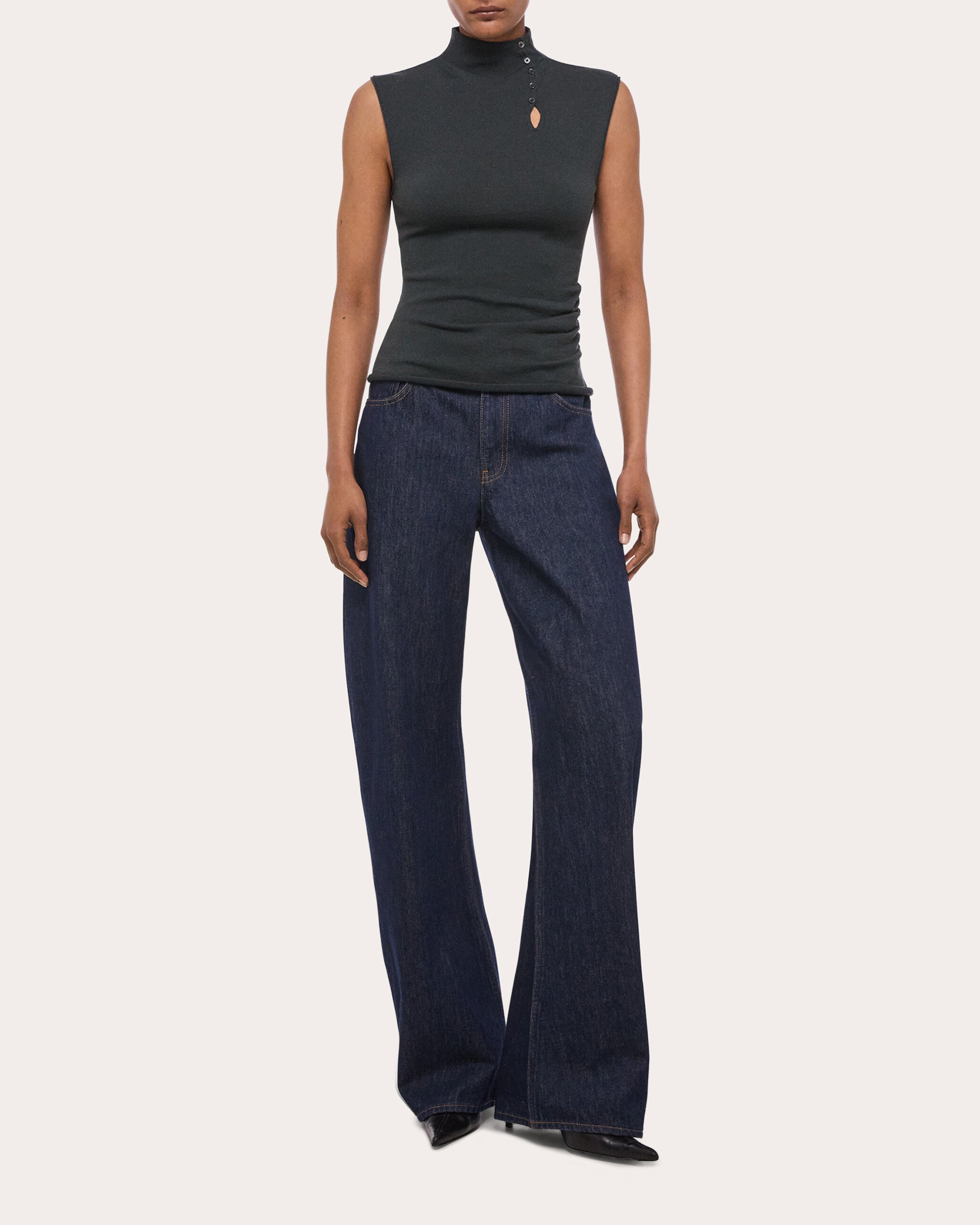 Wool Sleeveless Button Mock Neck Top