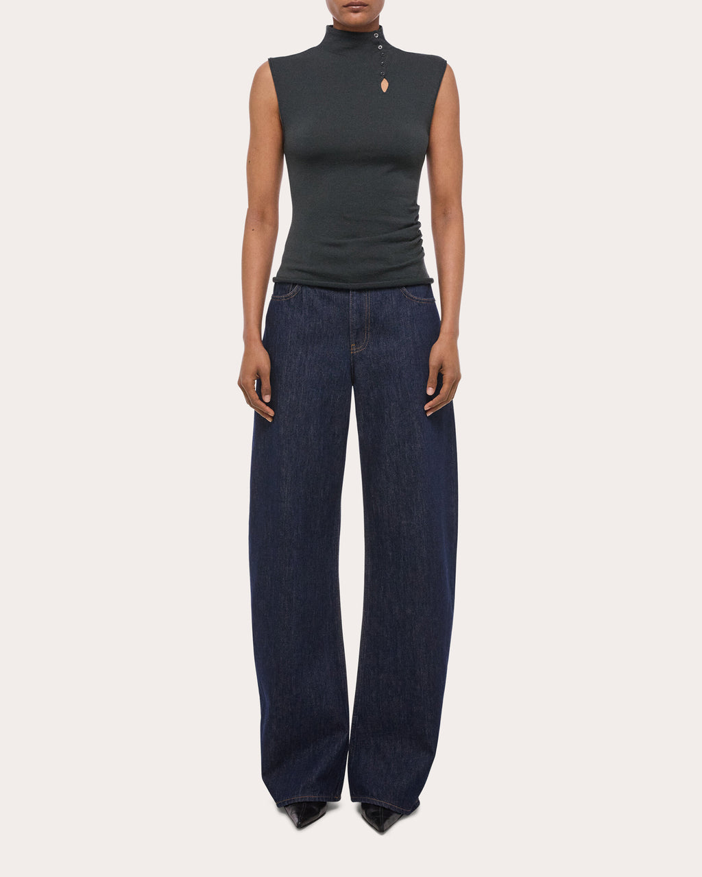 Wool Sleeveless Button Mock Neck Top