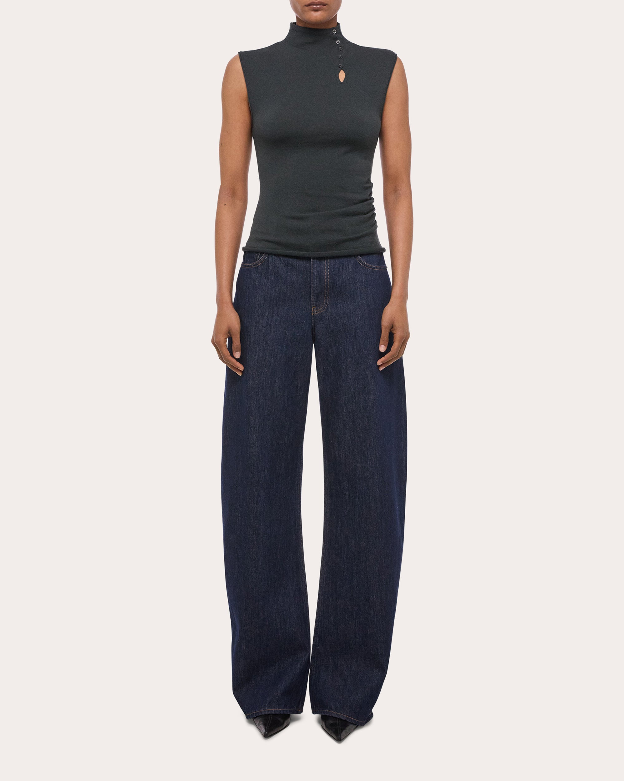 Wool Sleeveless Button Mock Neck Top