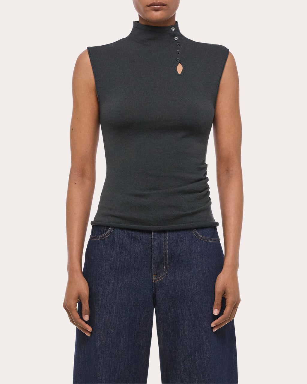 Wool Sleeveless Button Mock Neck Top