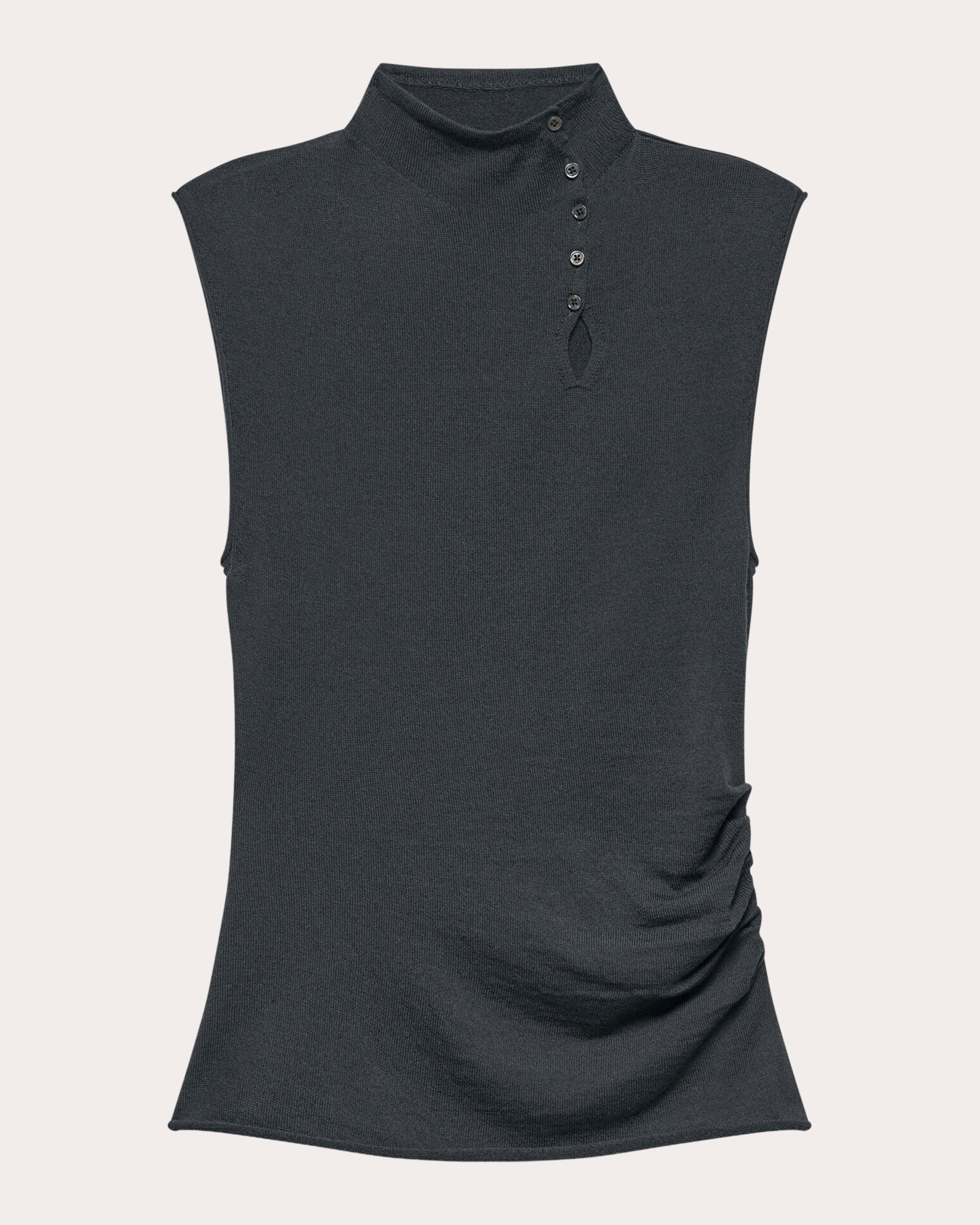 Wool Sleeveless Button Mock Neck Top