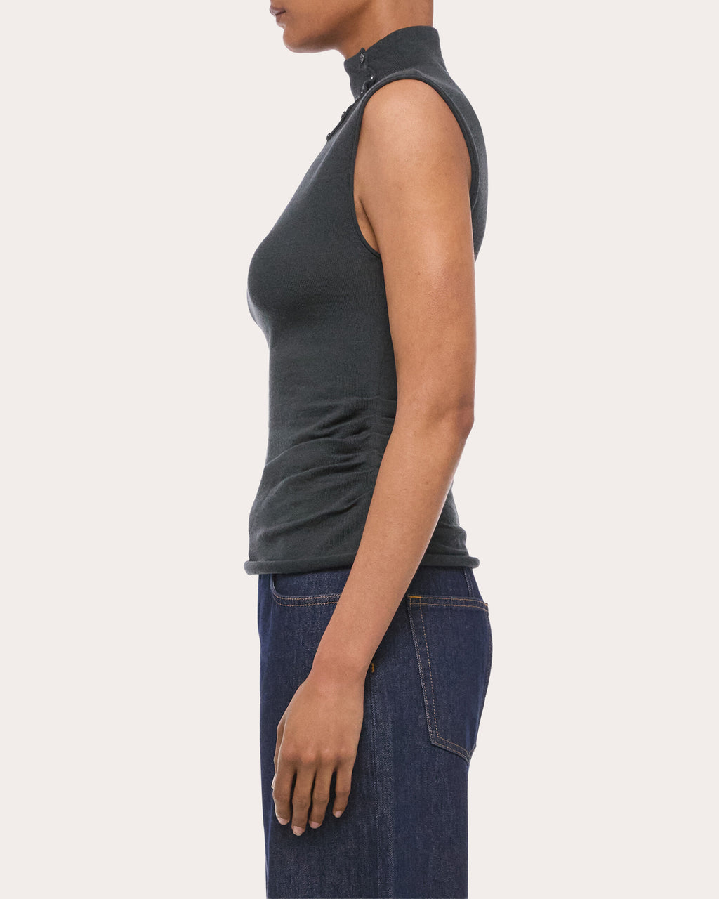 Wool Sleeveless Button Mock Neck Top