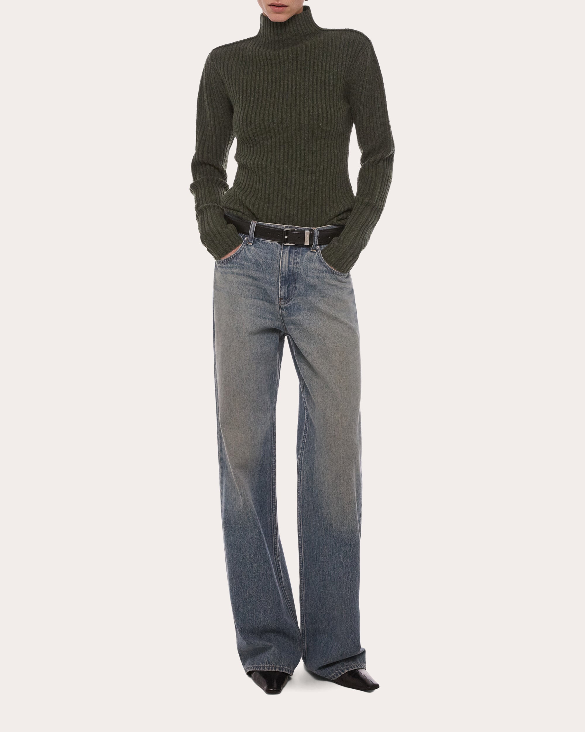 Ribbed Wool Mock Neck Sweater