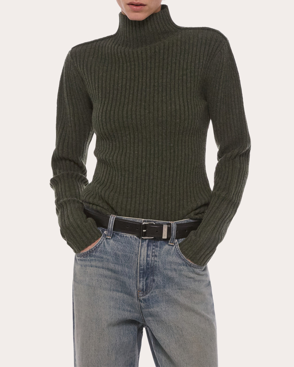 Ribbed Wool Mock Neck Sweater