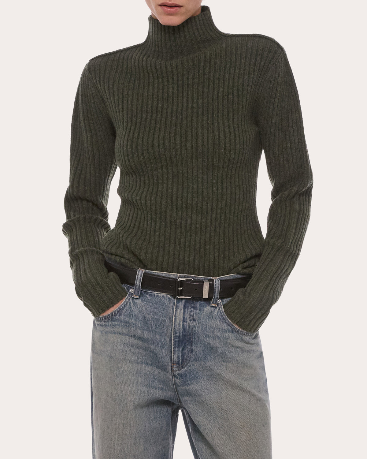 Ribbed Wool Mock Neck Sweater
