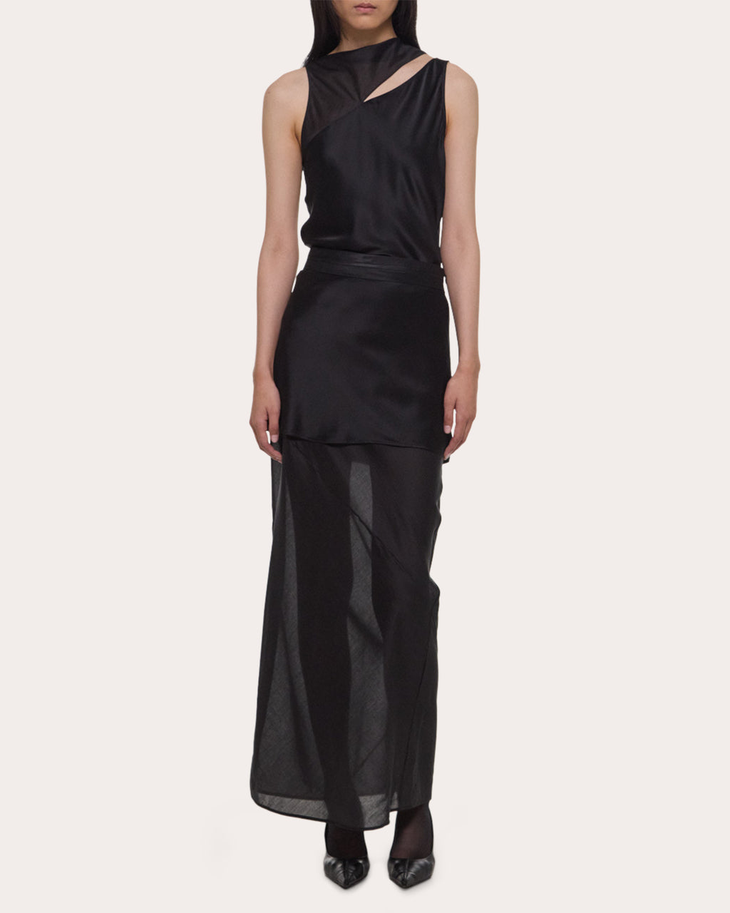 Satin Sheer Voile Layered Tuxedo Skirt