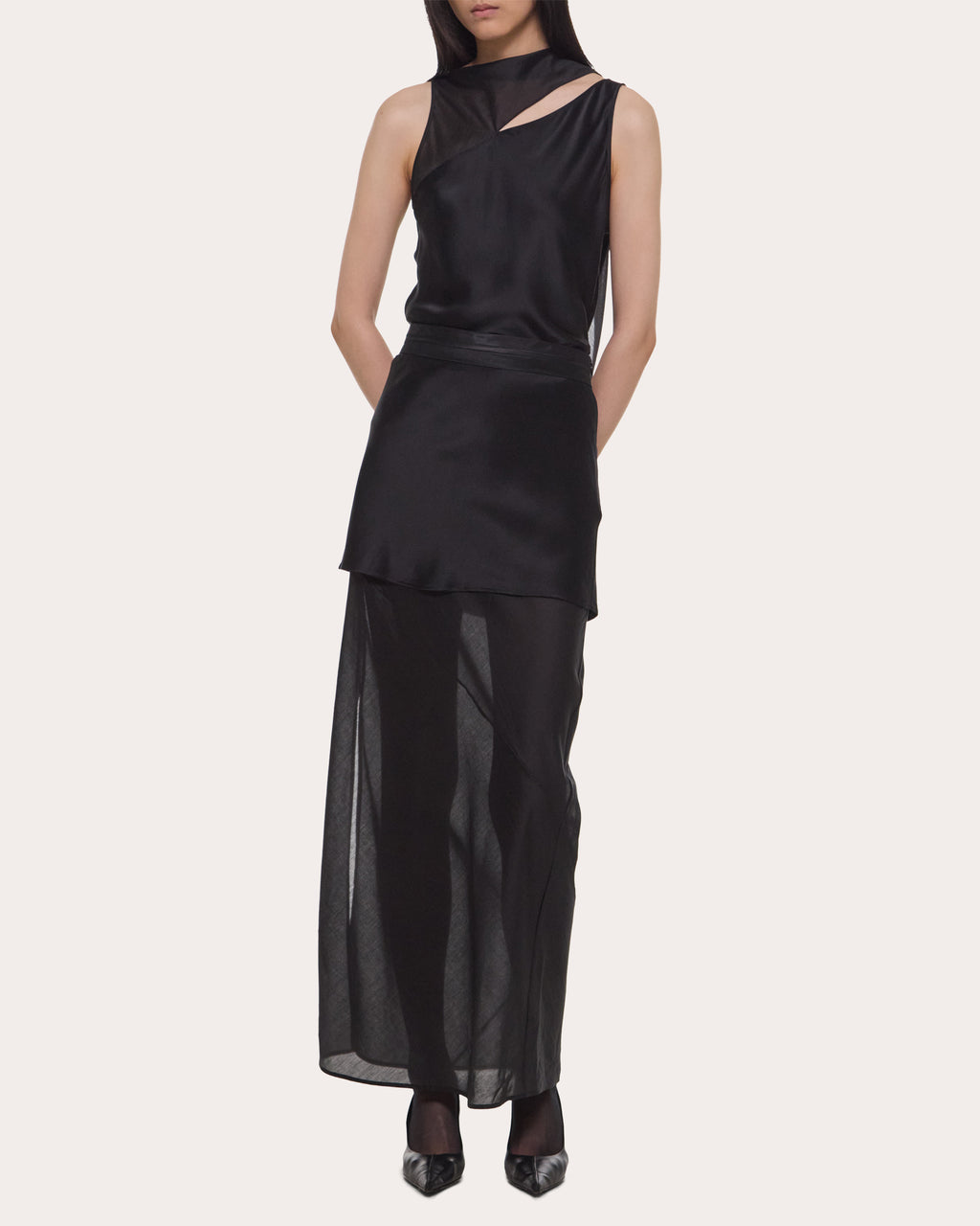 Satin Sheer Voile Layered Tuxedo Skirt