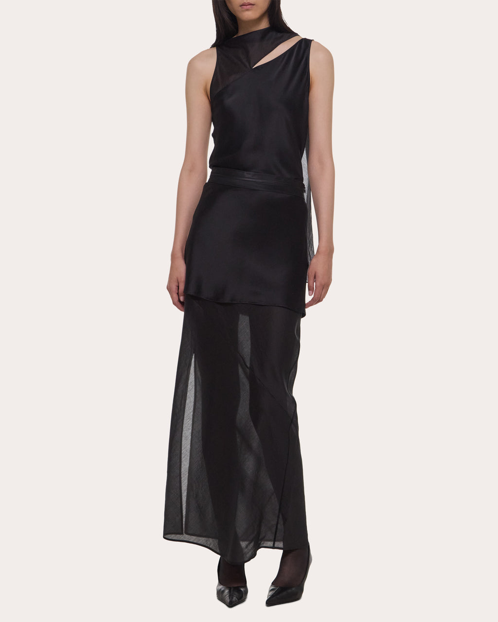 Satin Sheer Voile Layered Tuxedo Skirt