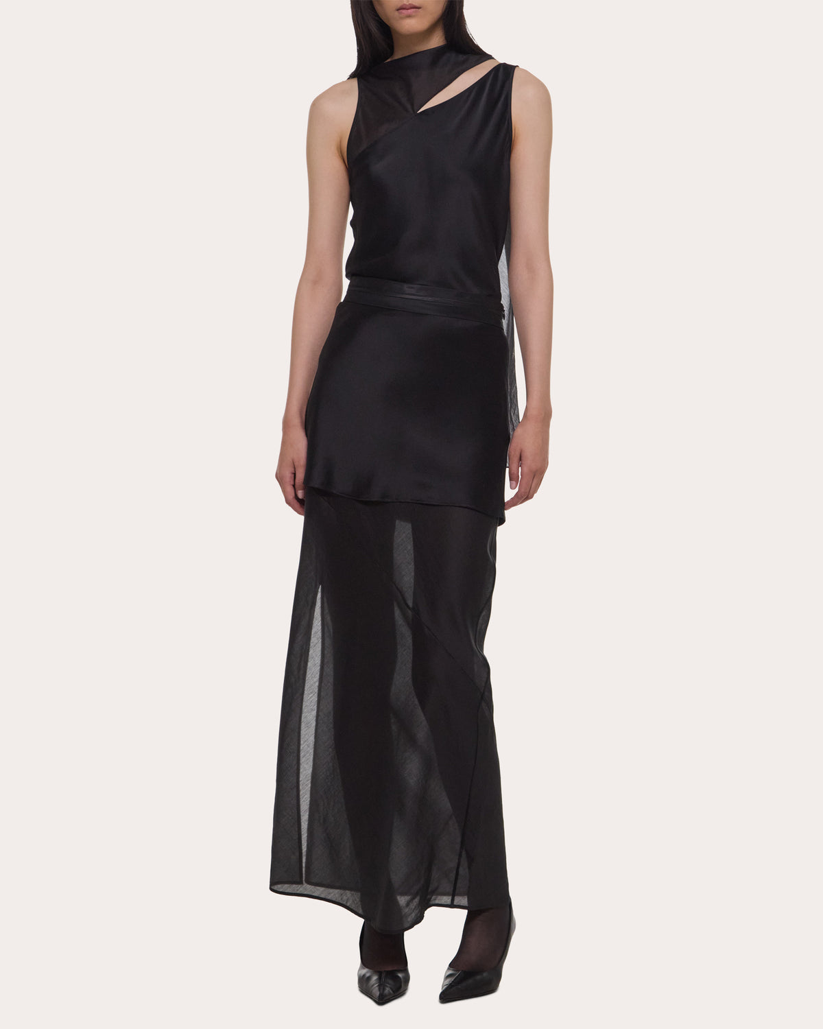 Satin Sheer Voile Layered Tuxedo Skirt