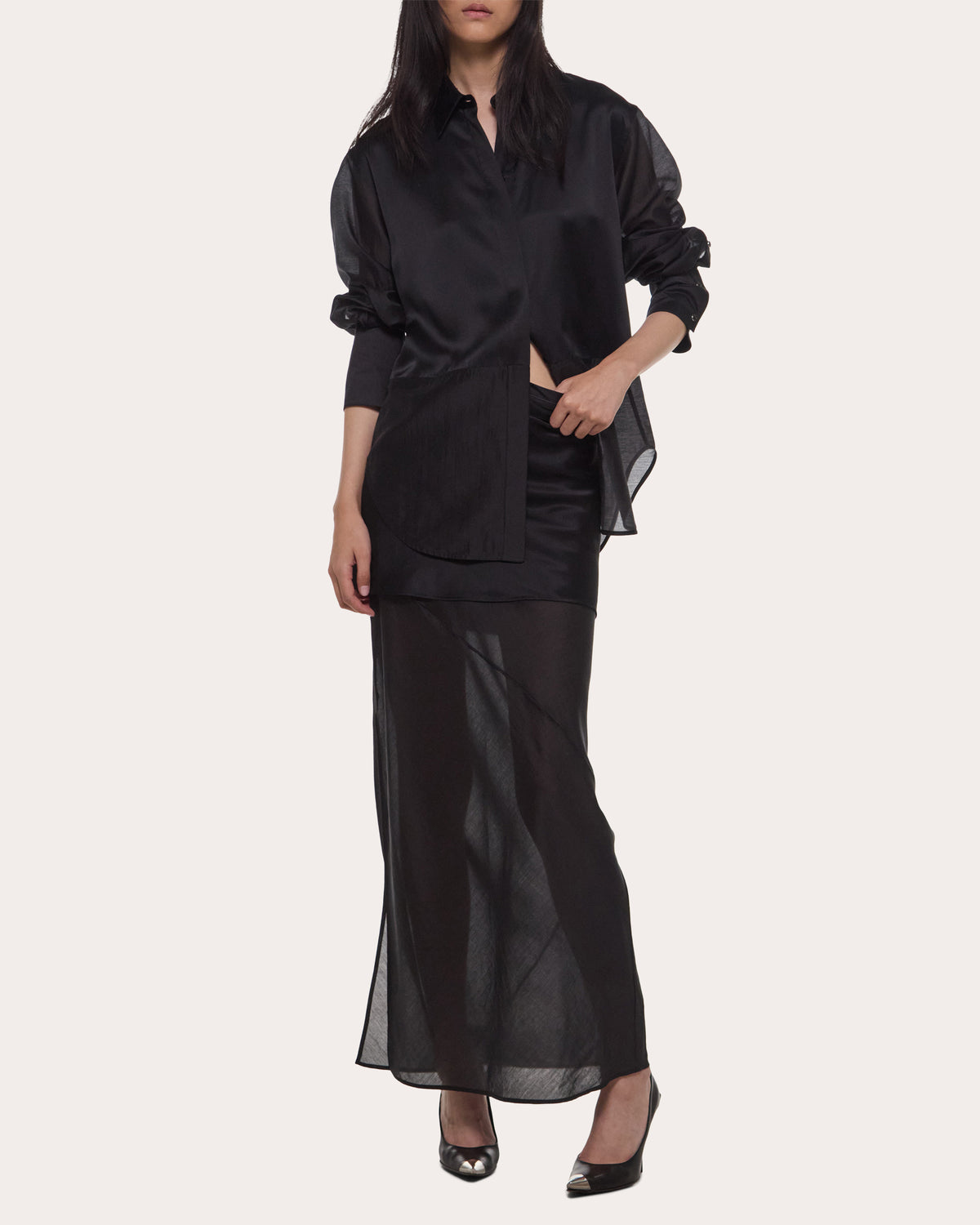 Satin Sheer Voile Layered Tuxedo Skirt