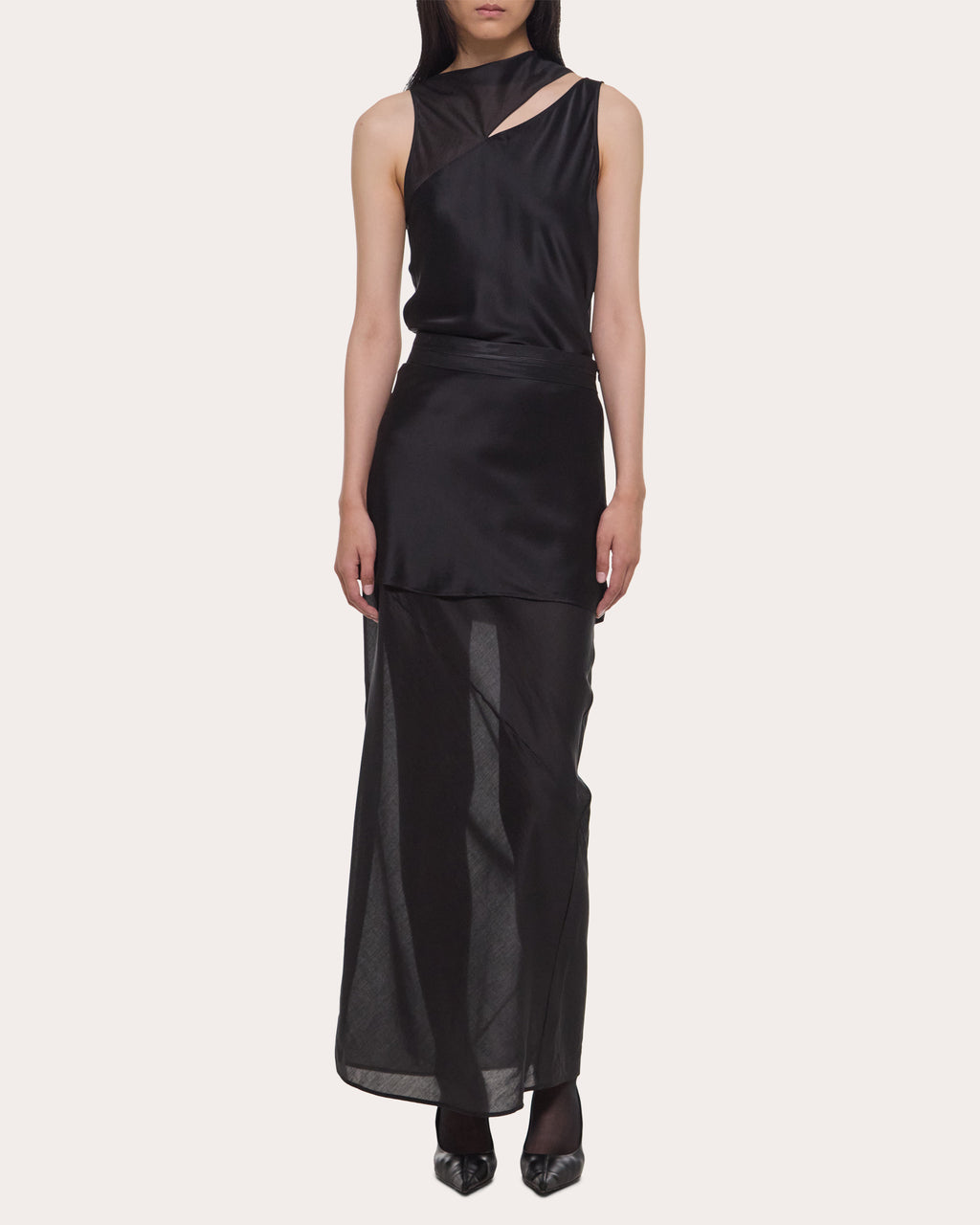 Satin Sheer Voile Layered Tuxedo Skirt
