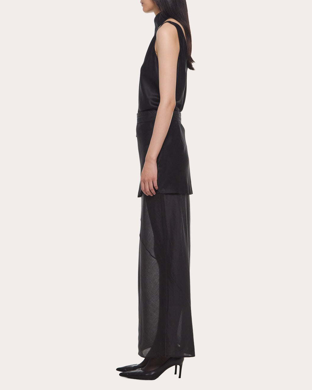 Satin Sheer Voile Layered Tuxedo Skirt