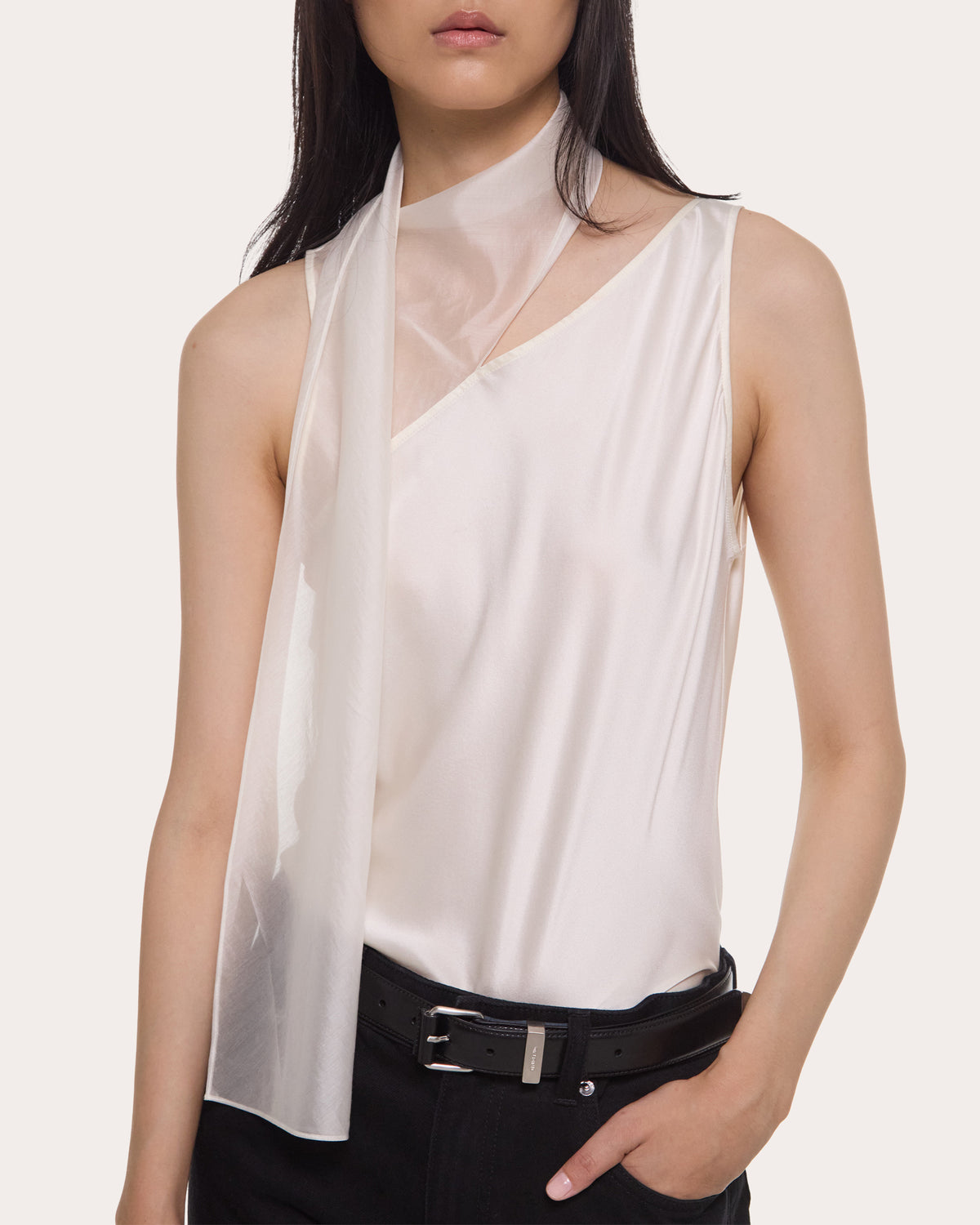 Silk Asymmetric Scarf Sleeveless Top