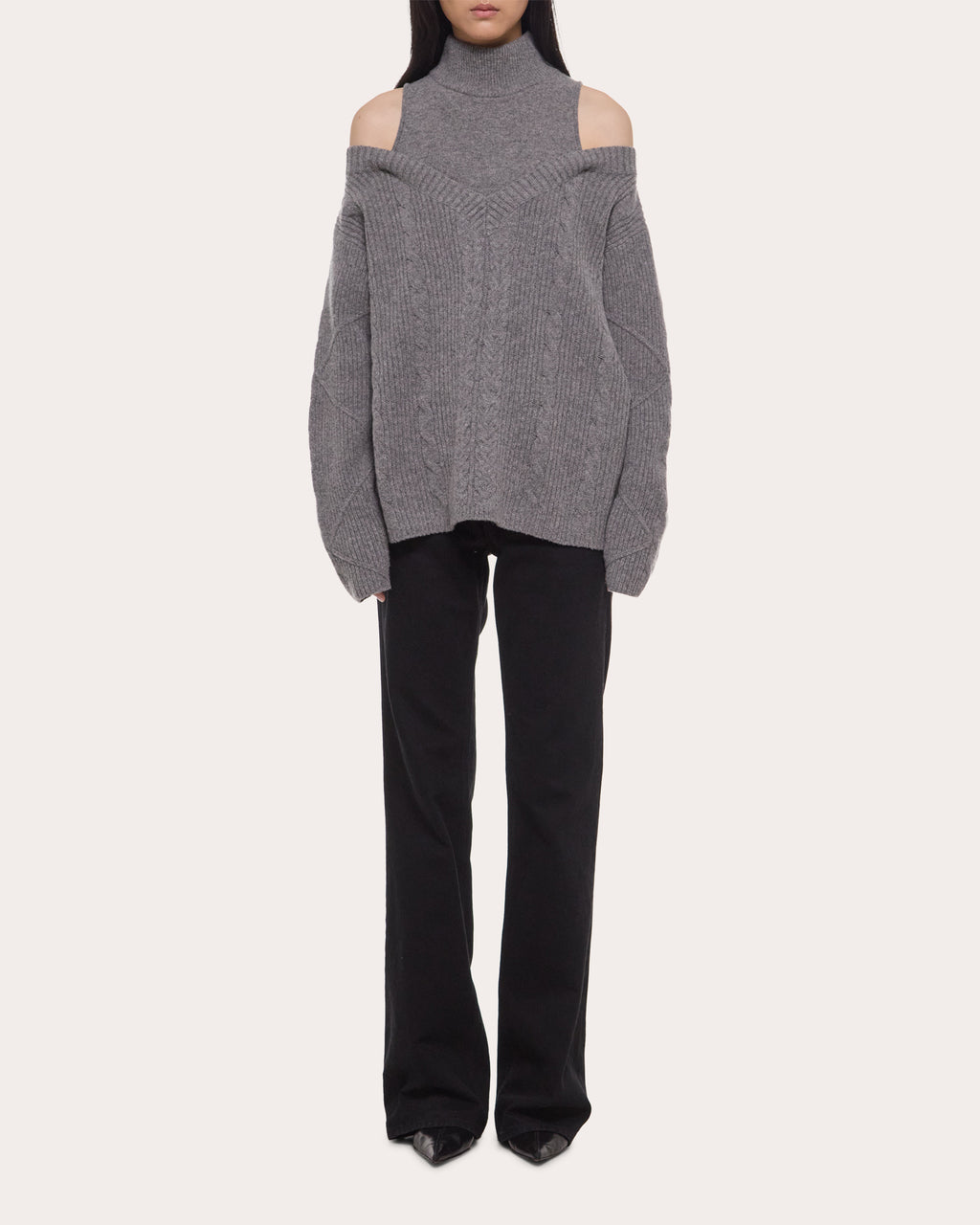 Cable Knit Wool Layered Off-Shoulder Turtleneck