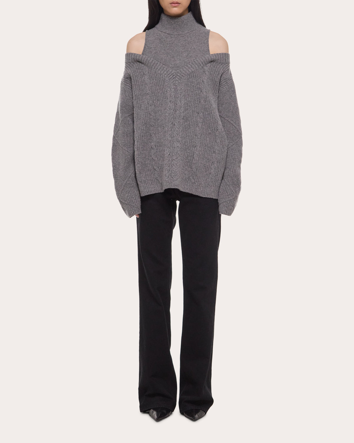 Cable Knit Wool Layered Off-Shoulder Turtleneck