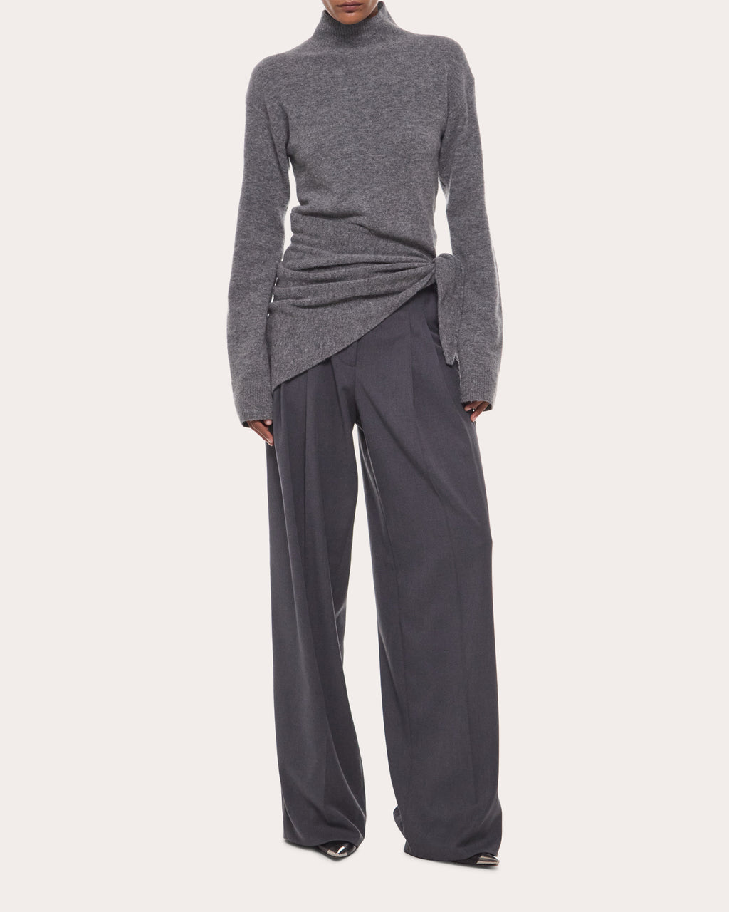 Wool Gathered Tie Mock Neck Sweater