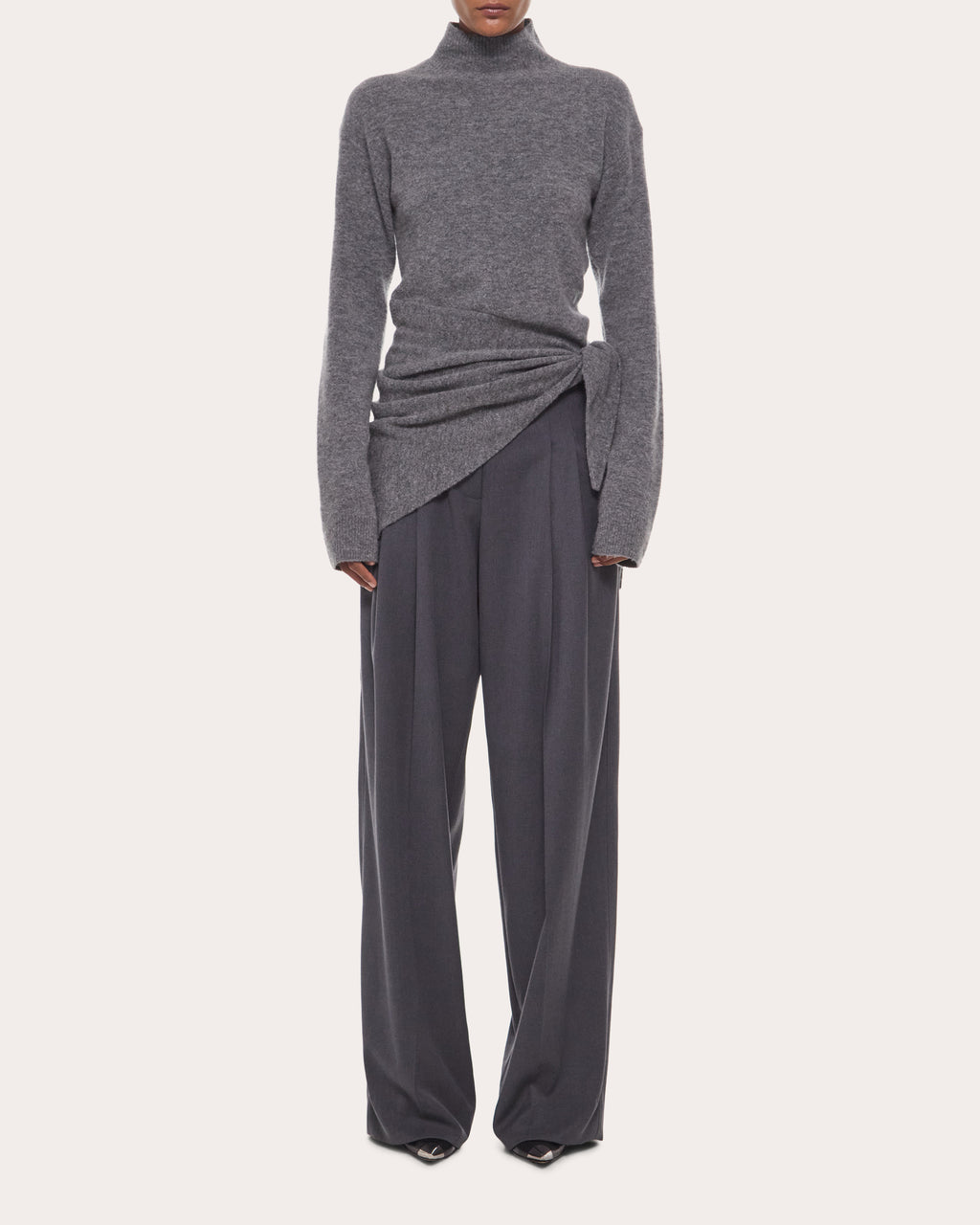 Wool Gathered Tie Mock Neck Sweater