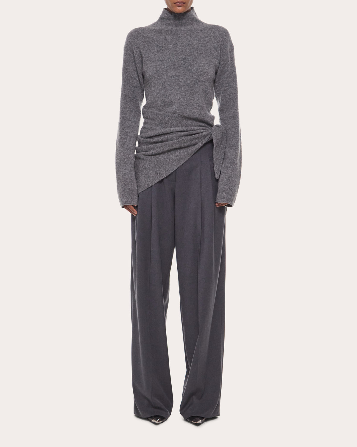 Wool Gathered Tie Mock Neck Sweater