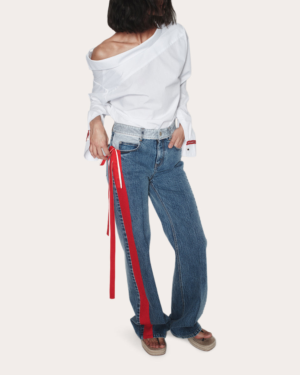 Ben Satin Ribbon Straight-Leg Jeans | Olivela