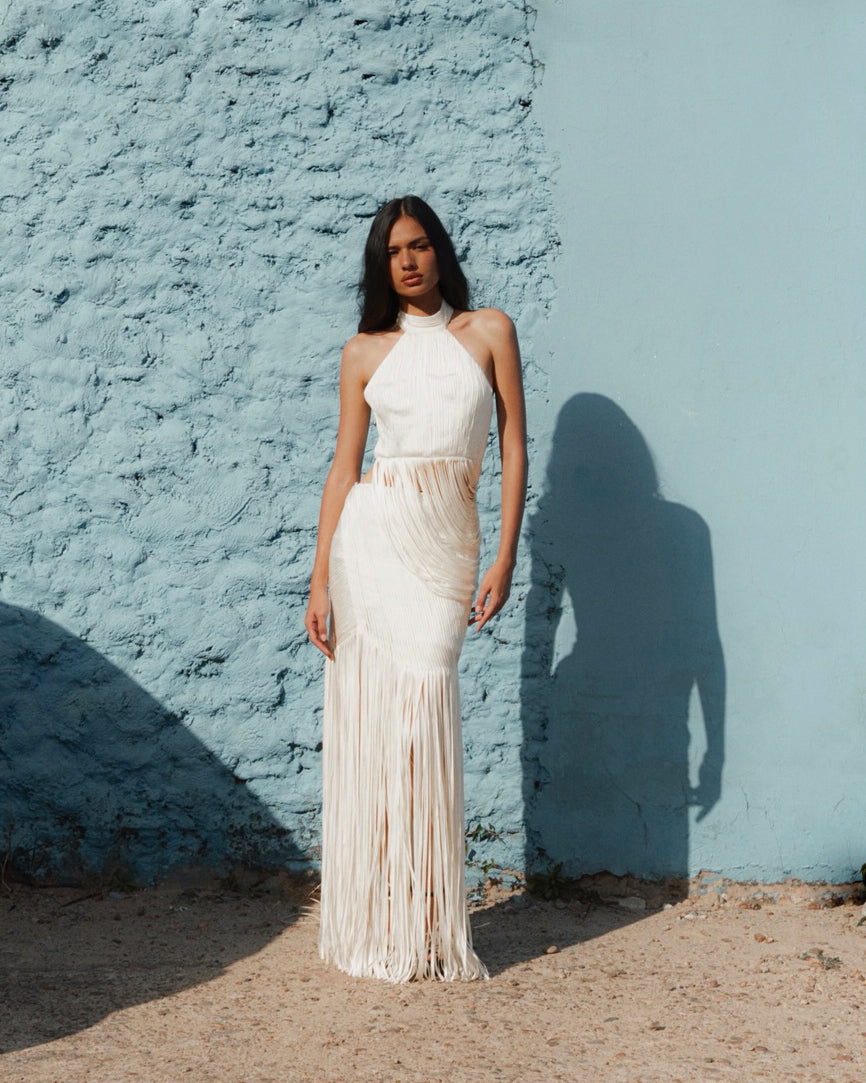 Elo Draped Silk Fringe Halter Top