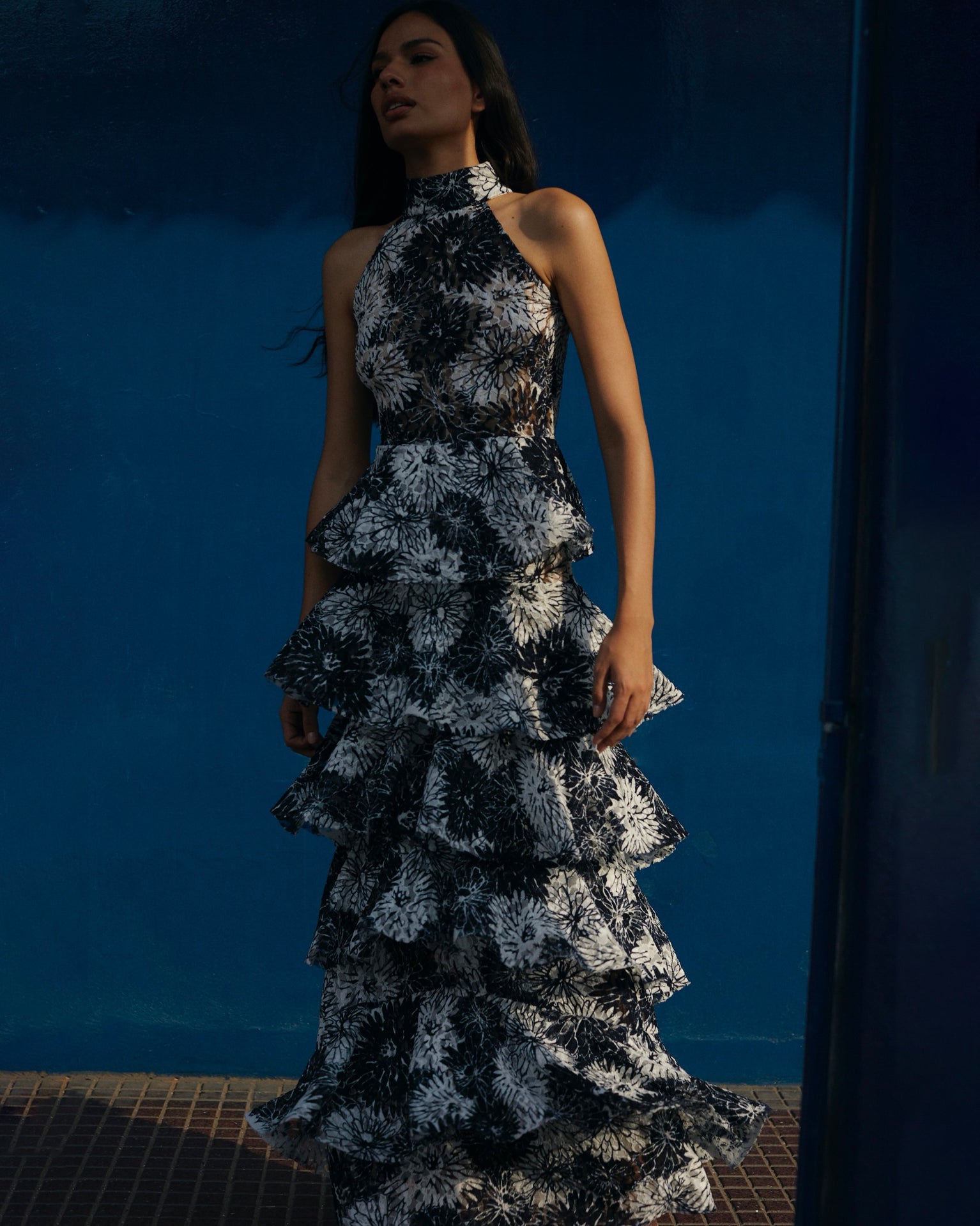 Kei Embroidered Floral Lace Tiered Gown