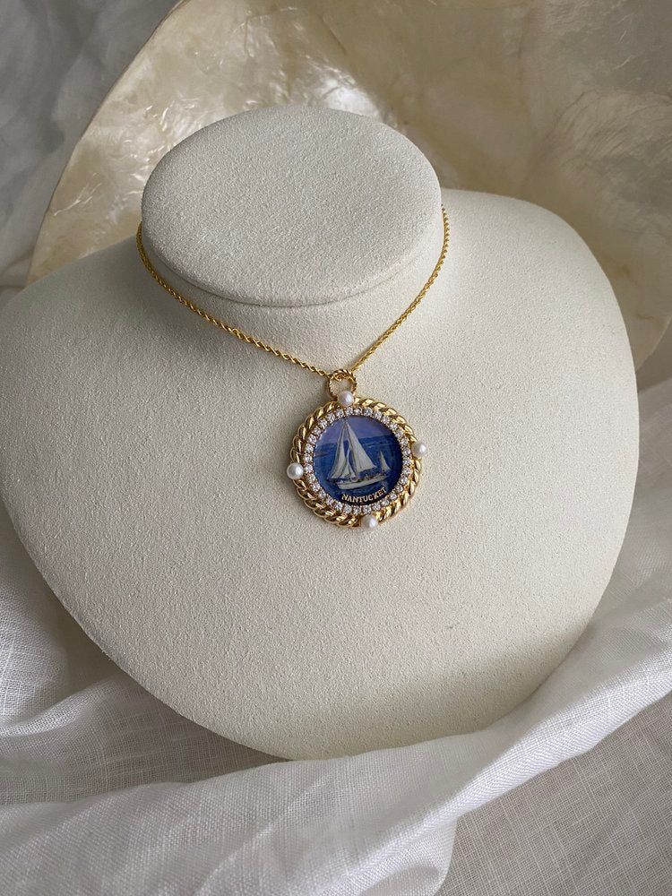 Nantucket Postcard 18K Gold Enamel Pearl and Diamond Pendant