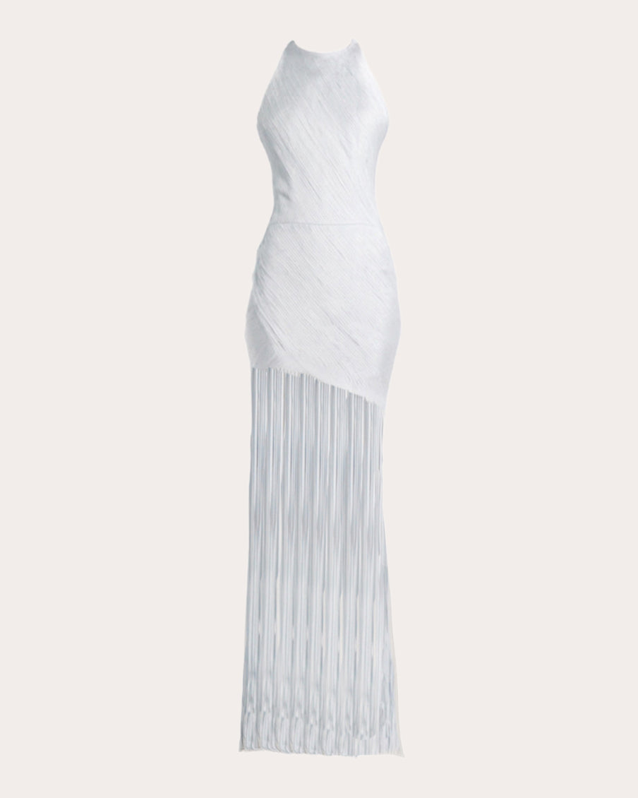 Erys Draped Silk Fringe Gown