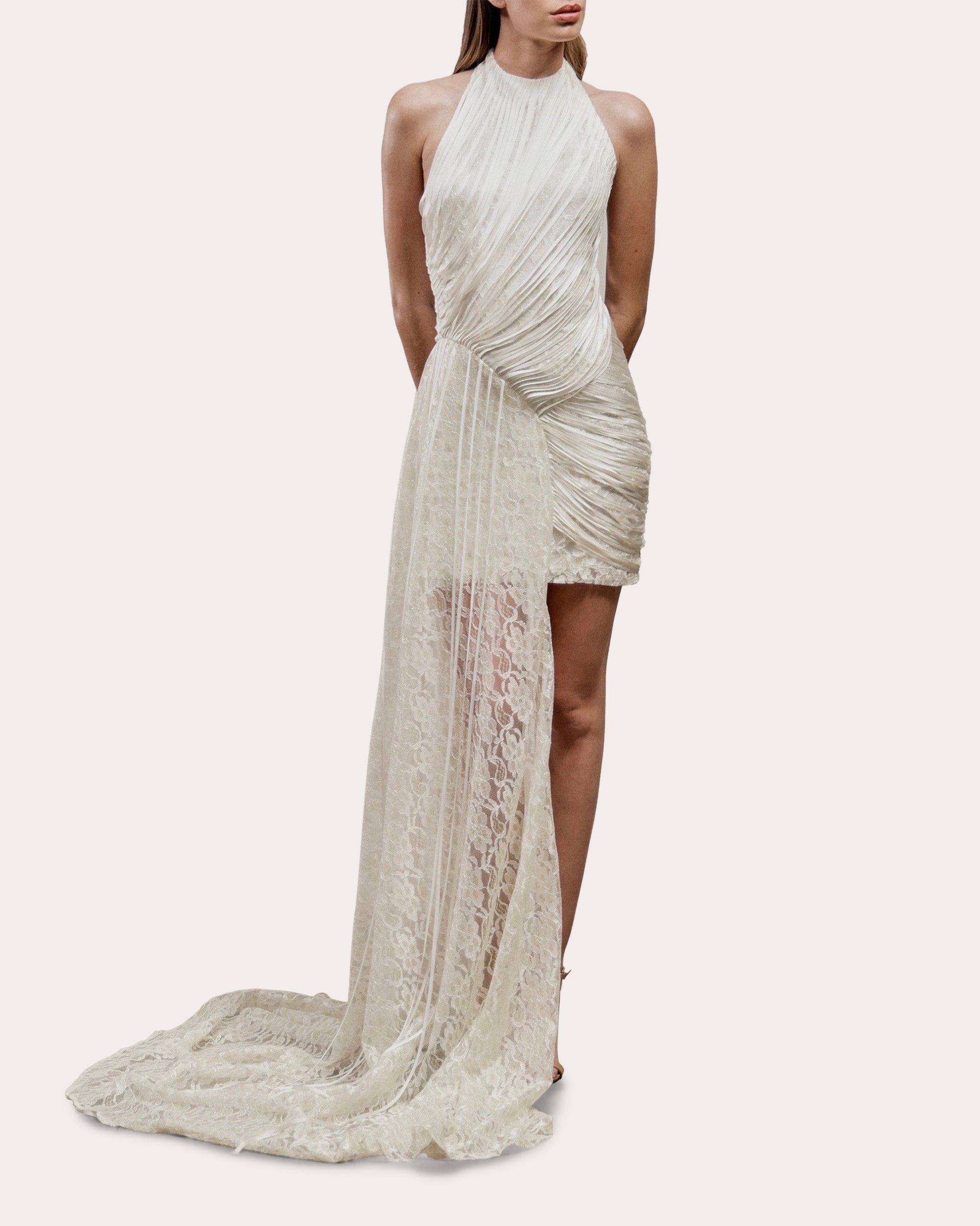 fringe silk dress Satin Cowl Neck Fringe Dress in Ecru Neutral