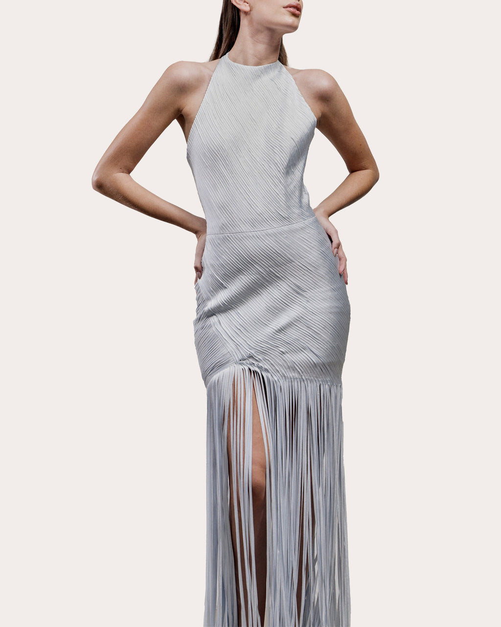 Erys Draped Silk Fringe Gown