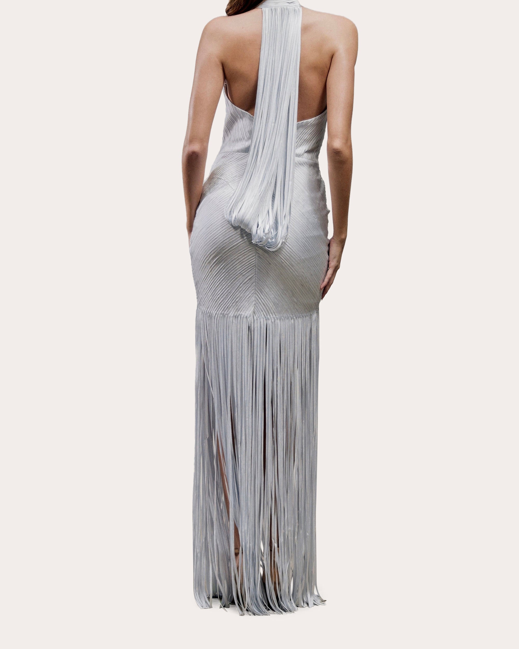 Erys Draped Silk Fringe Gown