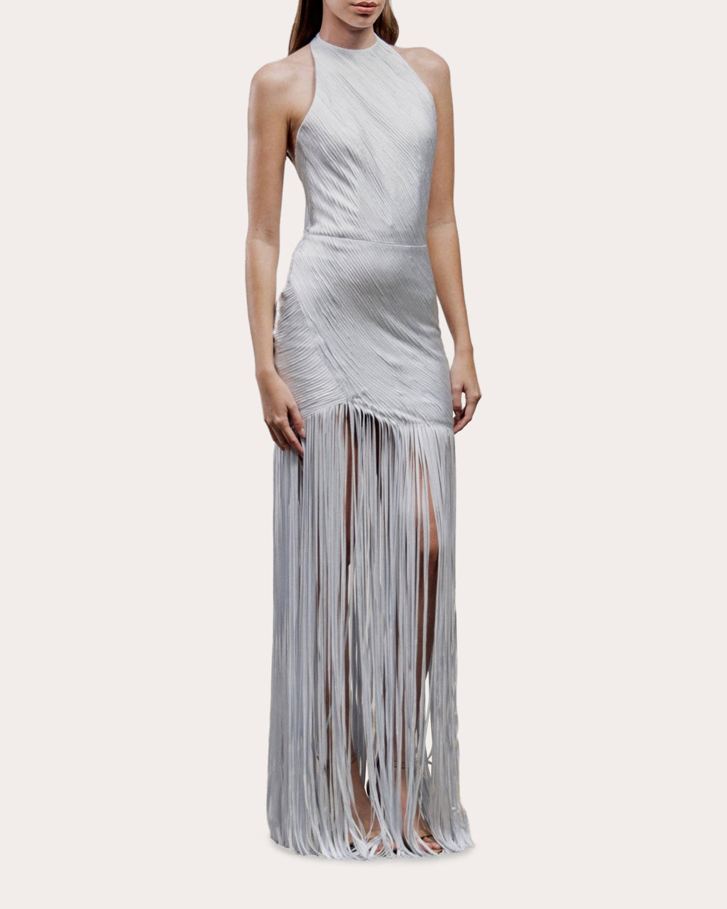 Erys Draped Silk Fringe Gown
