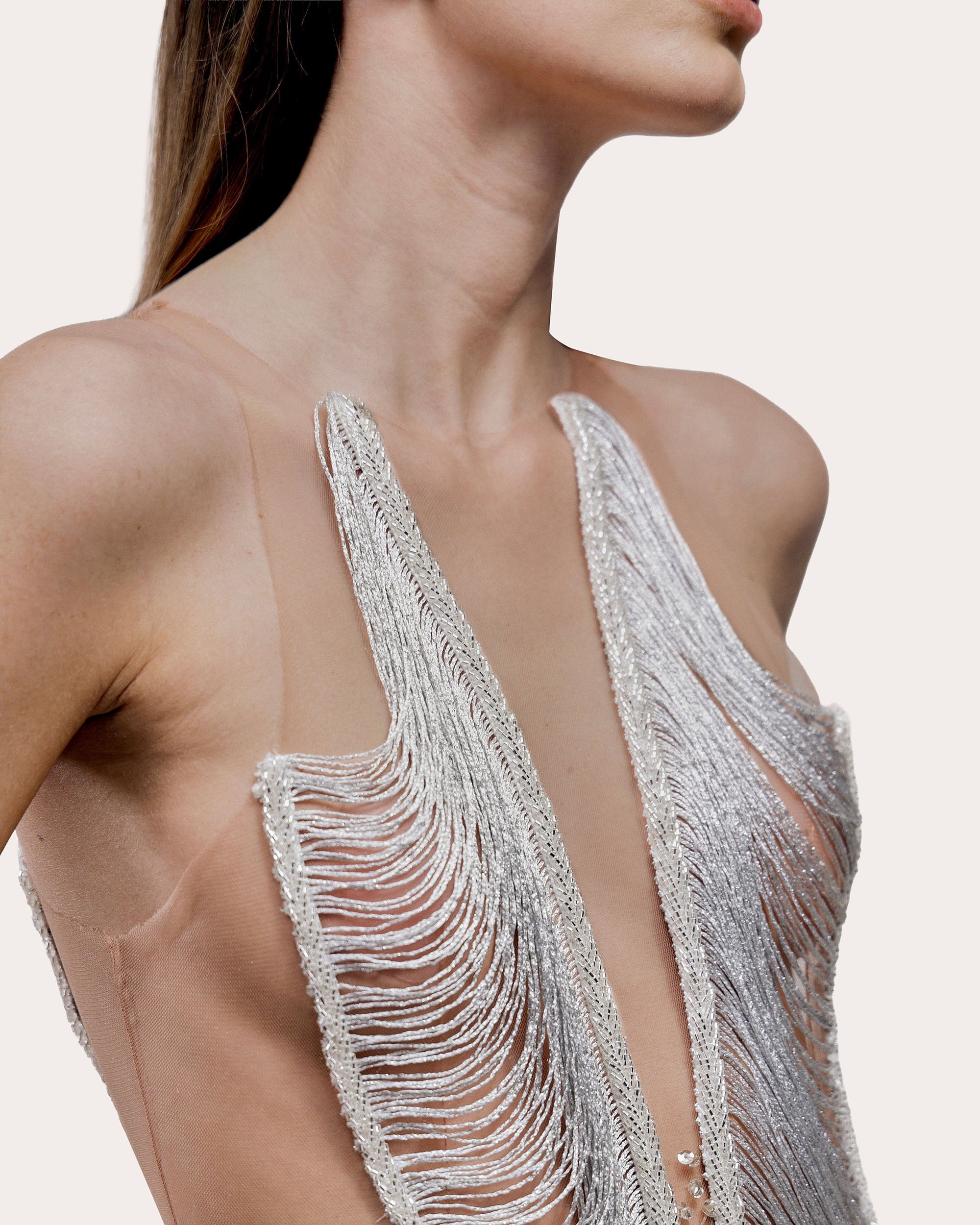 Zira Embellished Fringe Illusion Tulle Gown