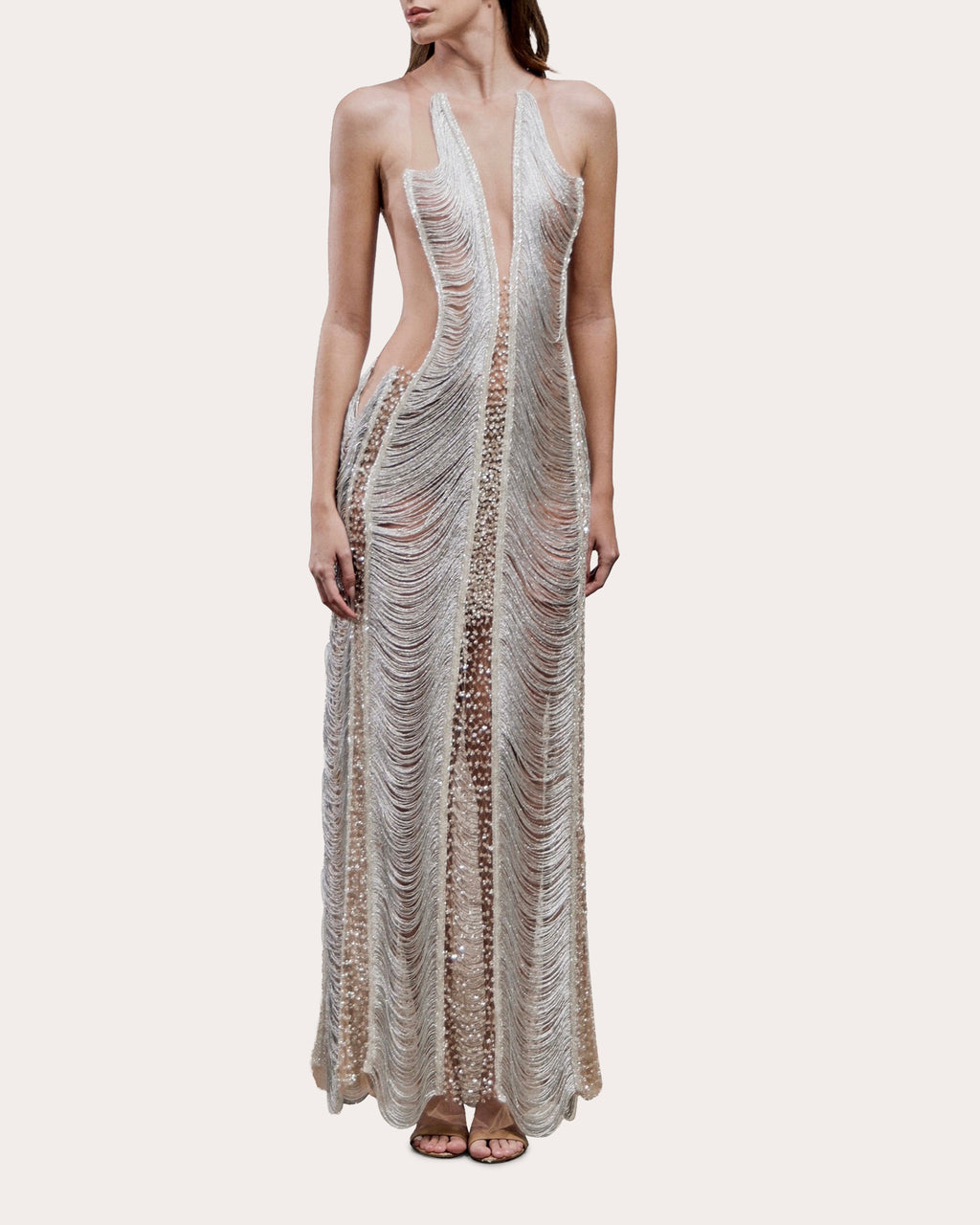 Zira Embellished Fringe Illusion Tulle Gown