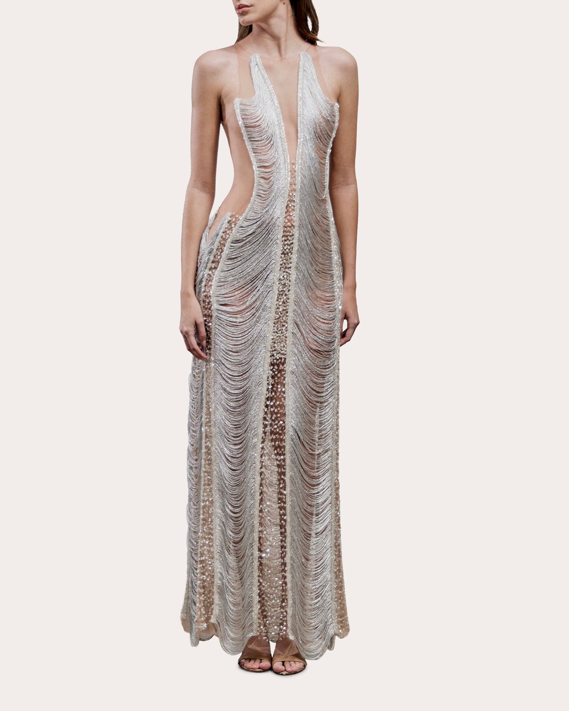 Zira Embellished Fringe Illusion Tulle Gown