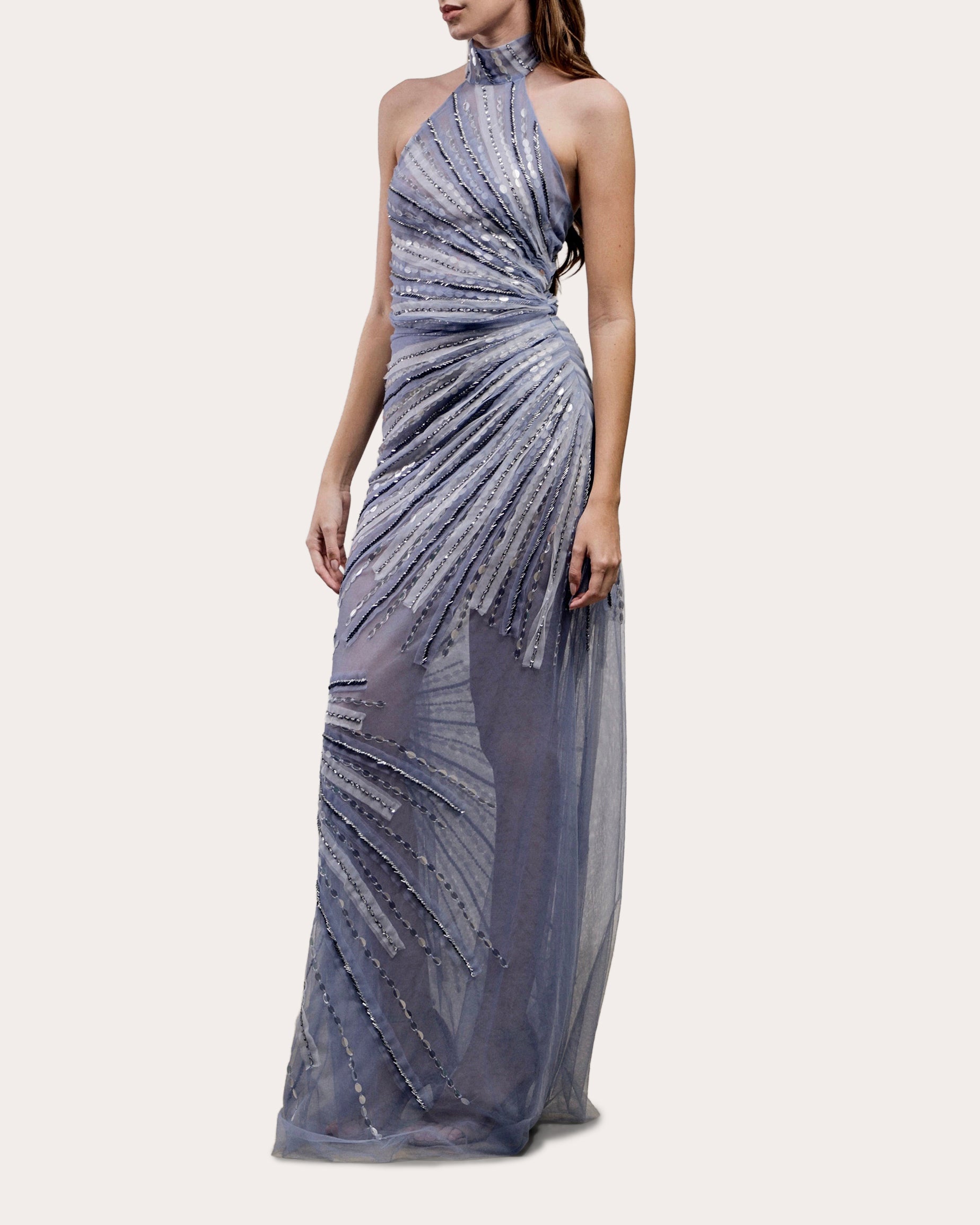 Thia Embellished Tulle Halter Gown
