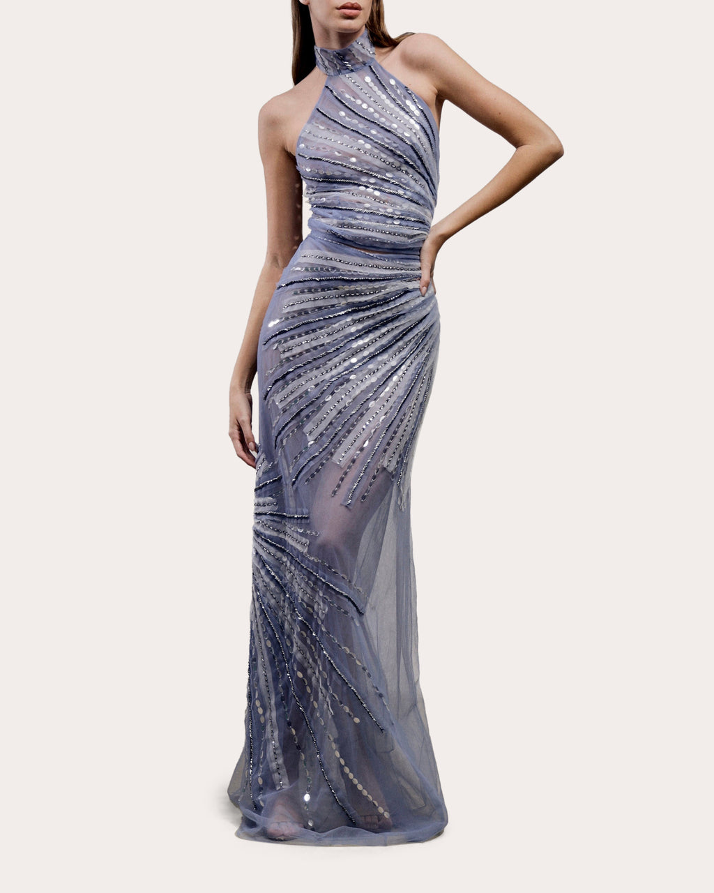 Thia Embellished Tulle Halter Gown