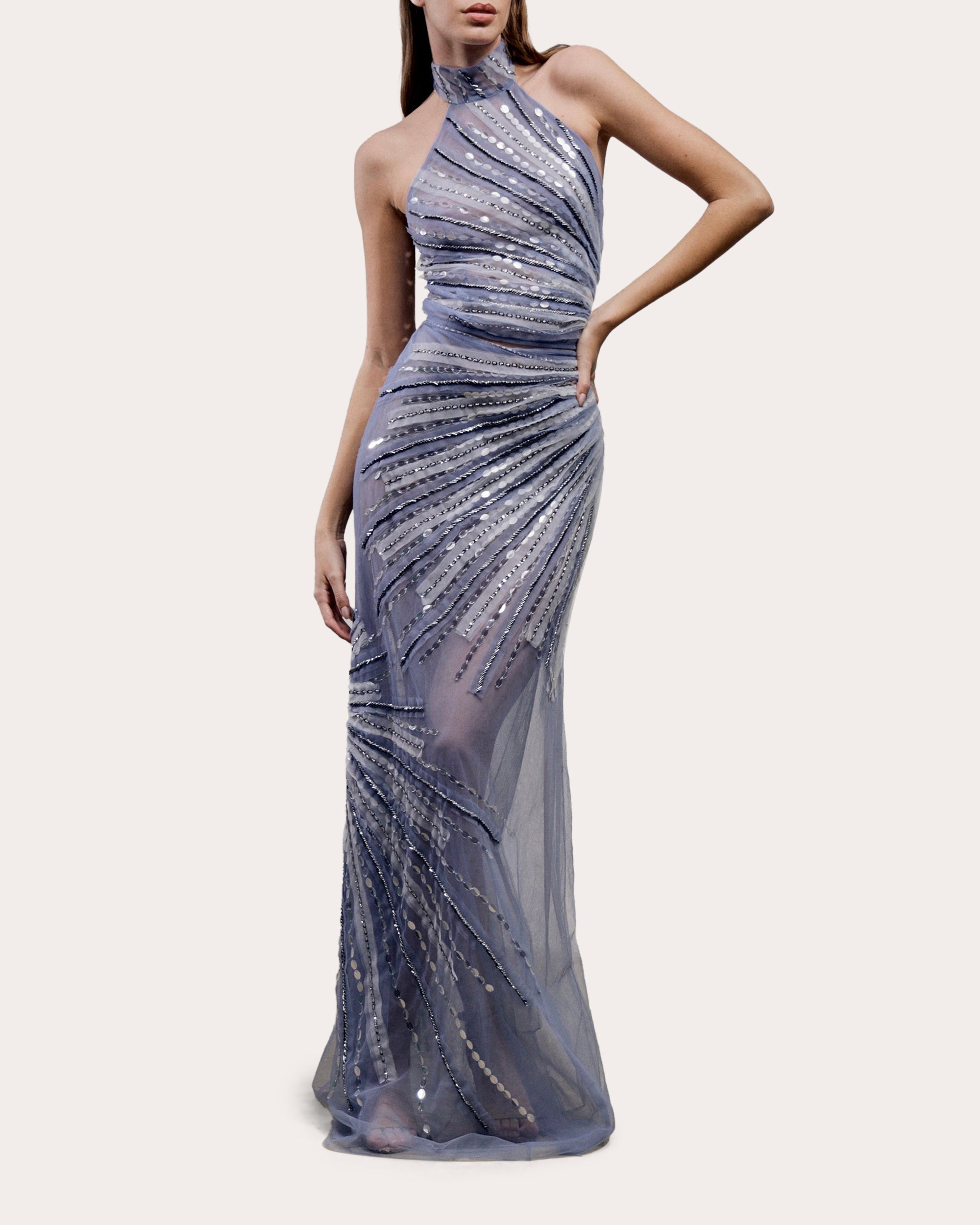 Thia Embellished Tulle Halter Gown