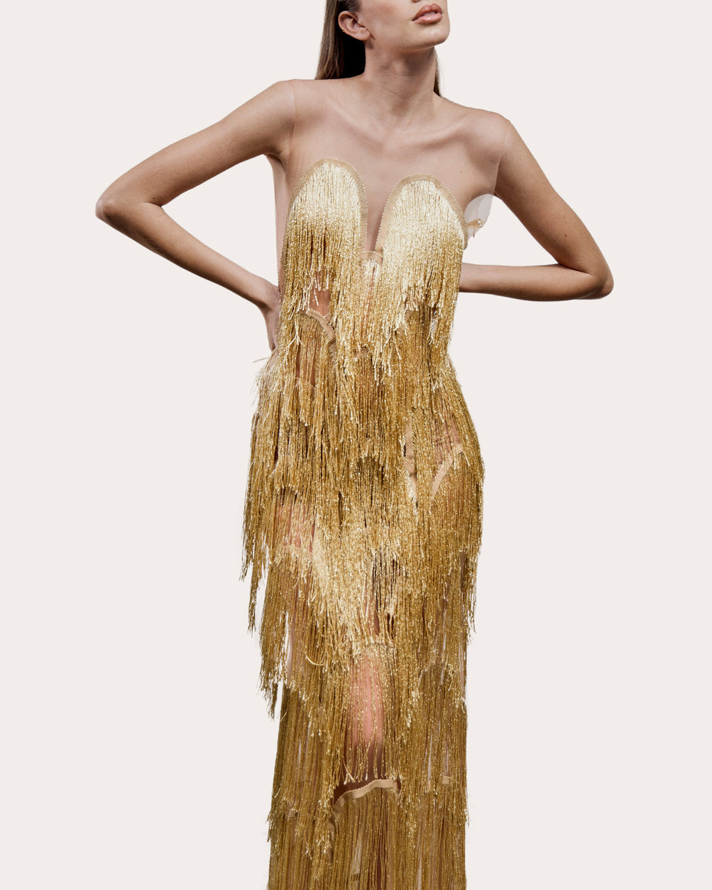 Niva Draped Fringe Illusion Tulle Gown