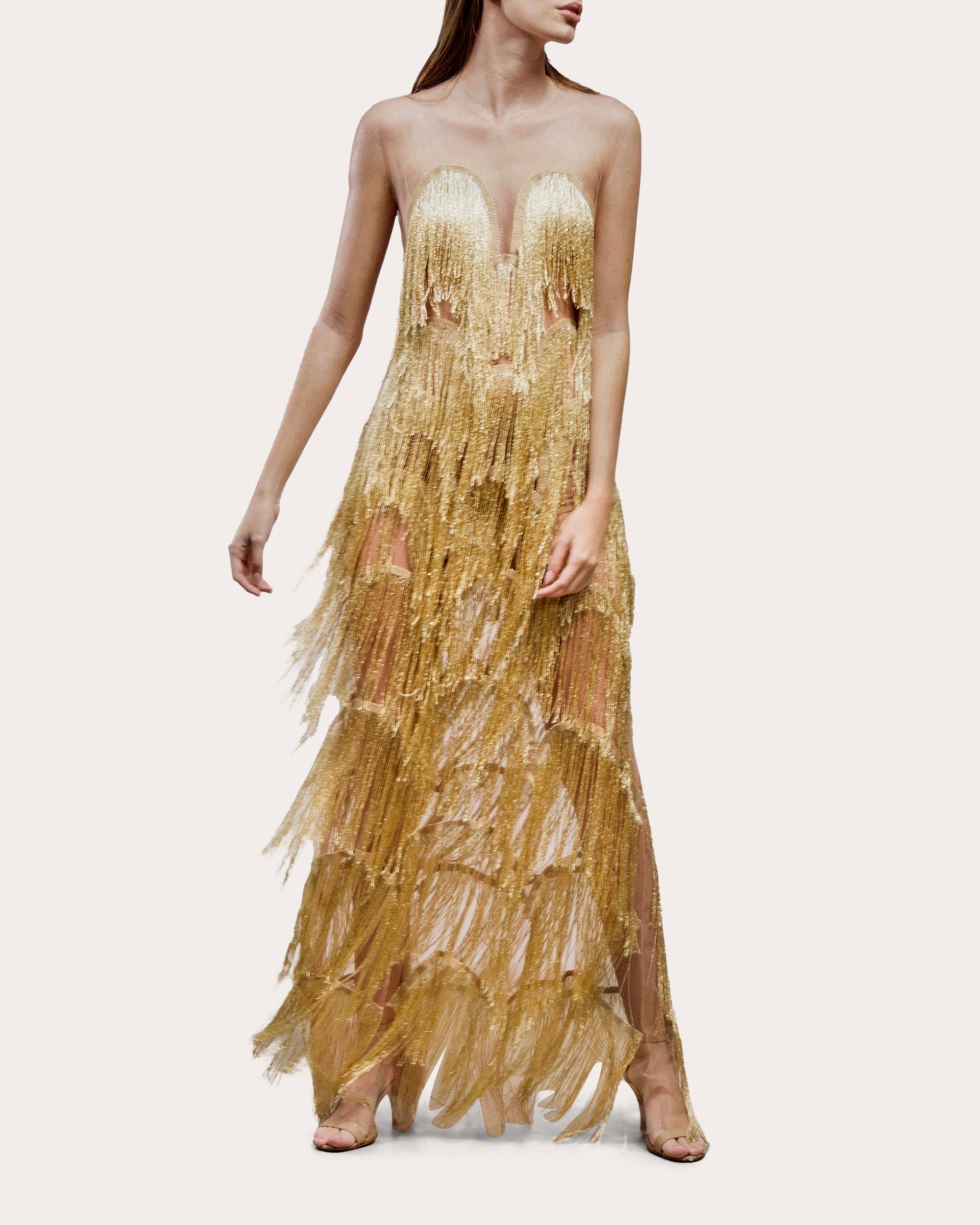 Niva Draped Fringe Illusion Tulle Gown