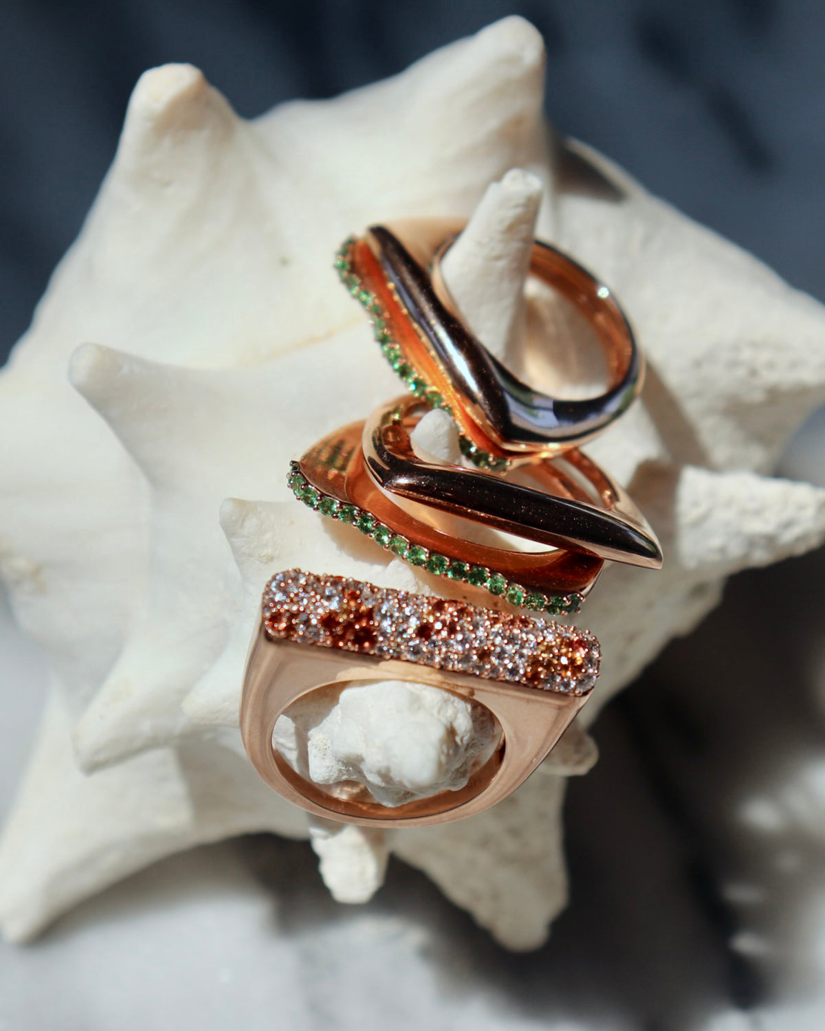 14k Rose Gold Lobster Roll Ring Stack