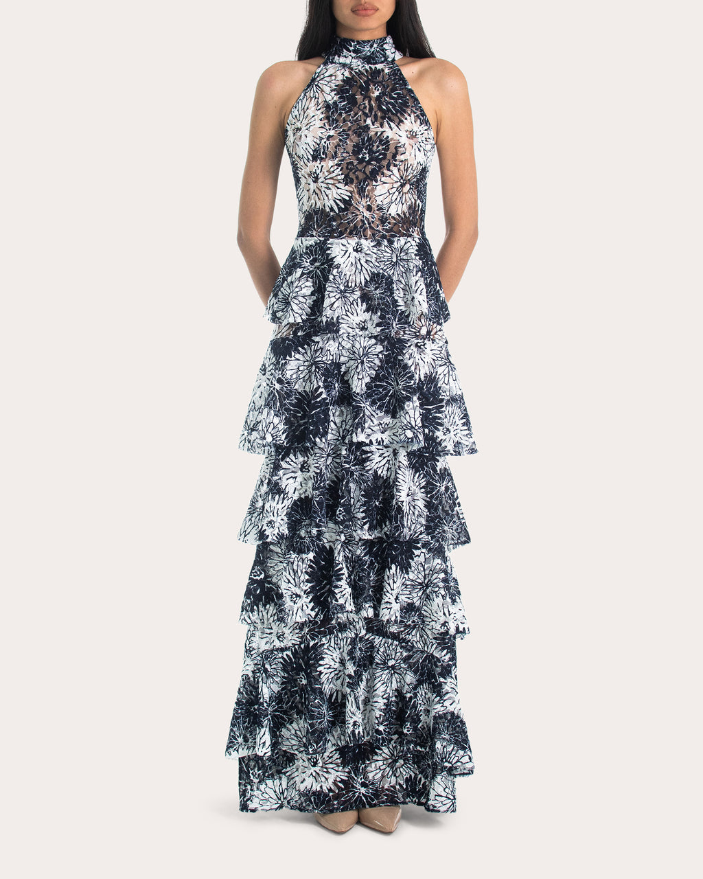 Kei Embroidered Floral Lace Tiered Gown