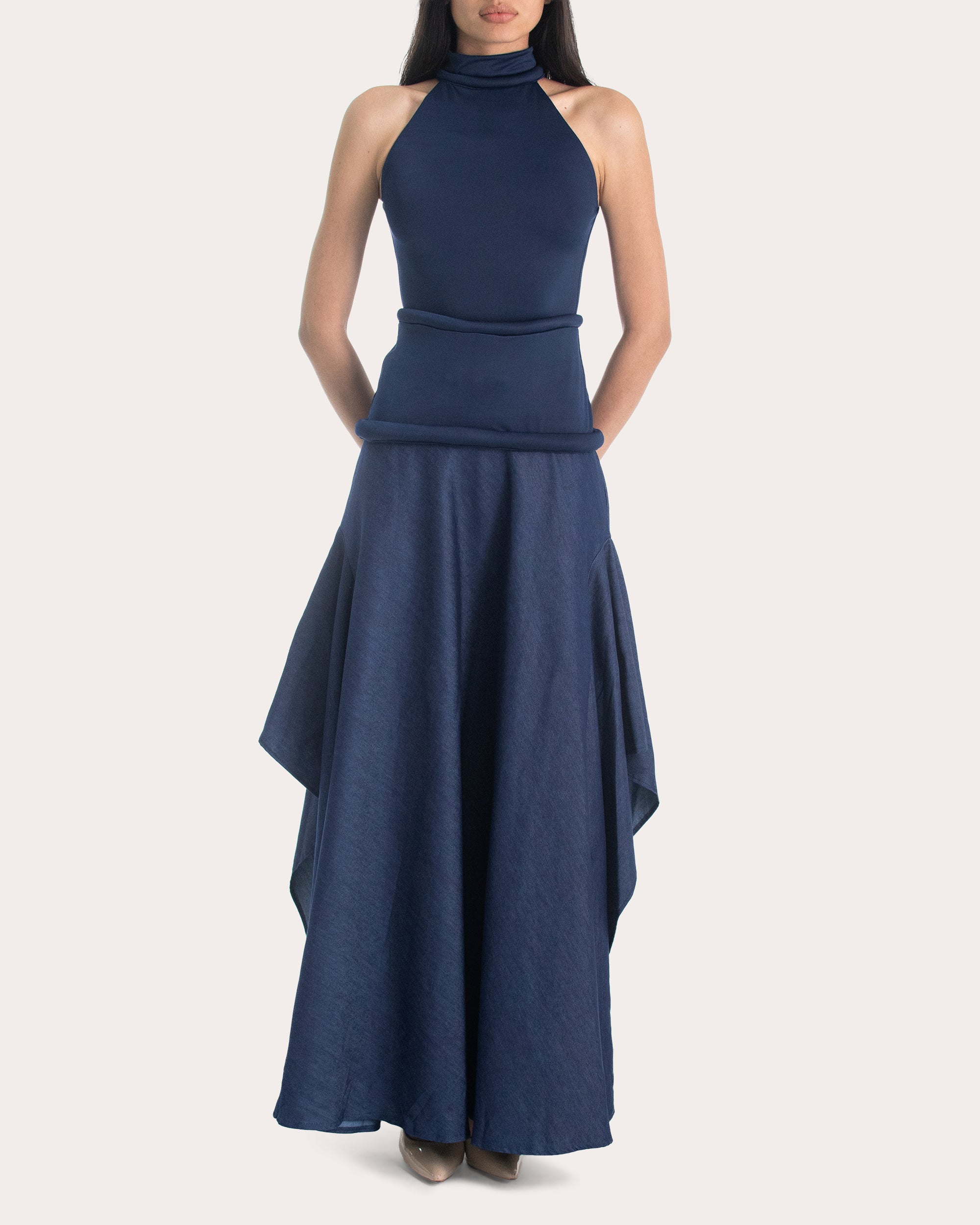 Carmen Draped Denim Maxi Skirt
