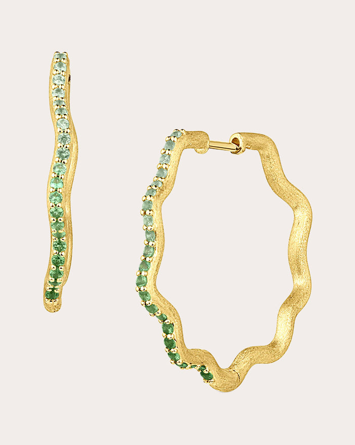 So Wavy 18K Gold Tsavorite Hoop Earrings