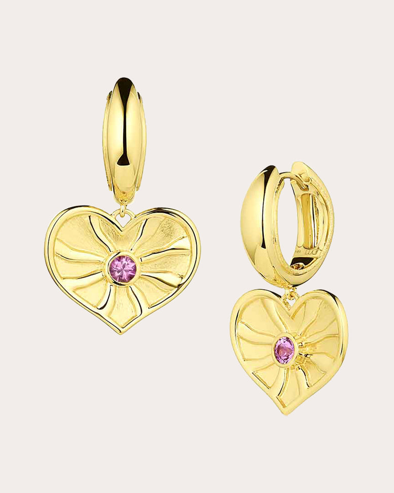 So Wavy 18K Gold Pink Sapphire Heart Hoop Earrings