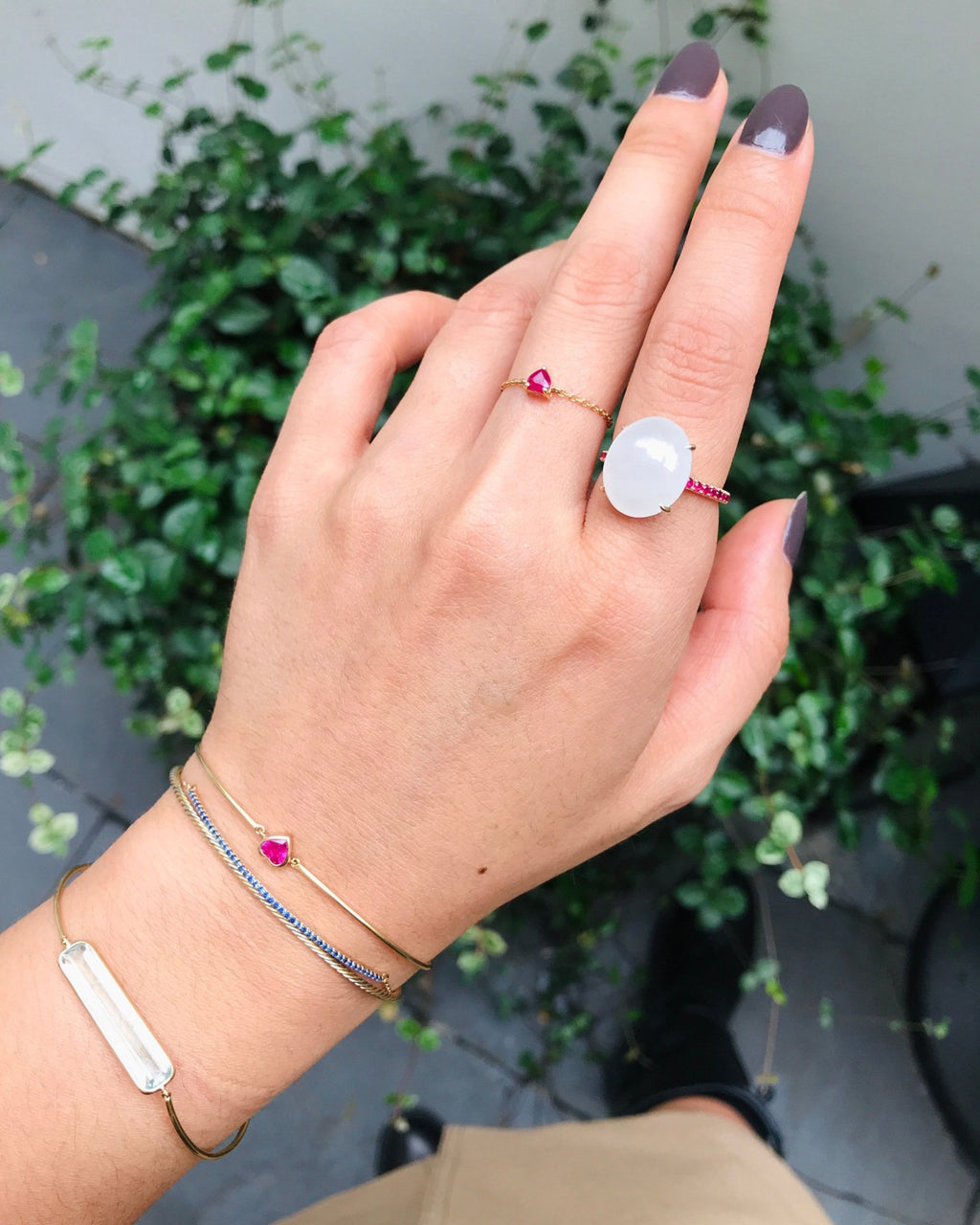 White Jadeite & Ruby Globe Ring