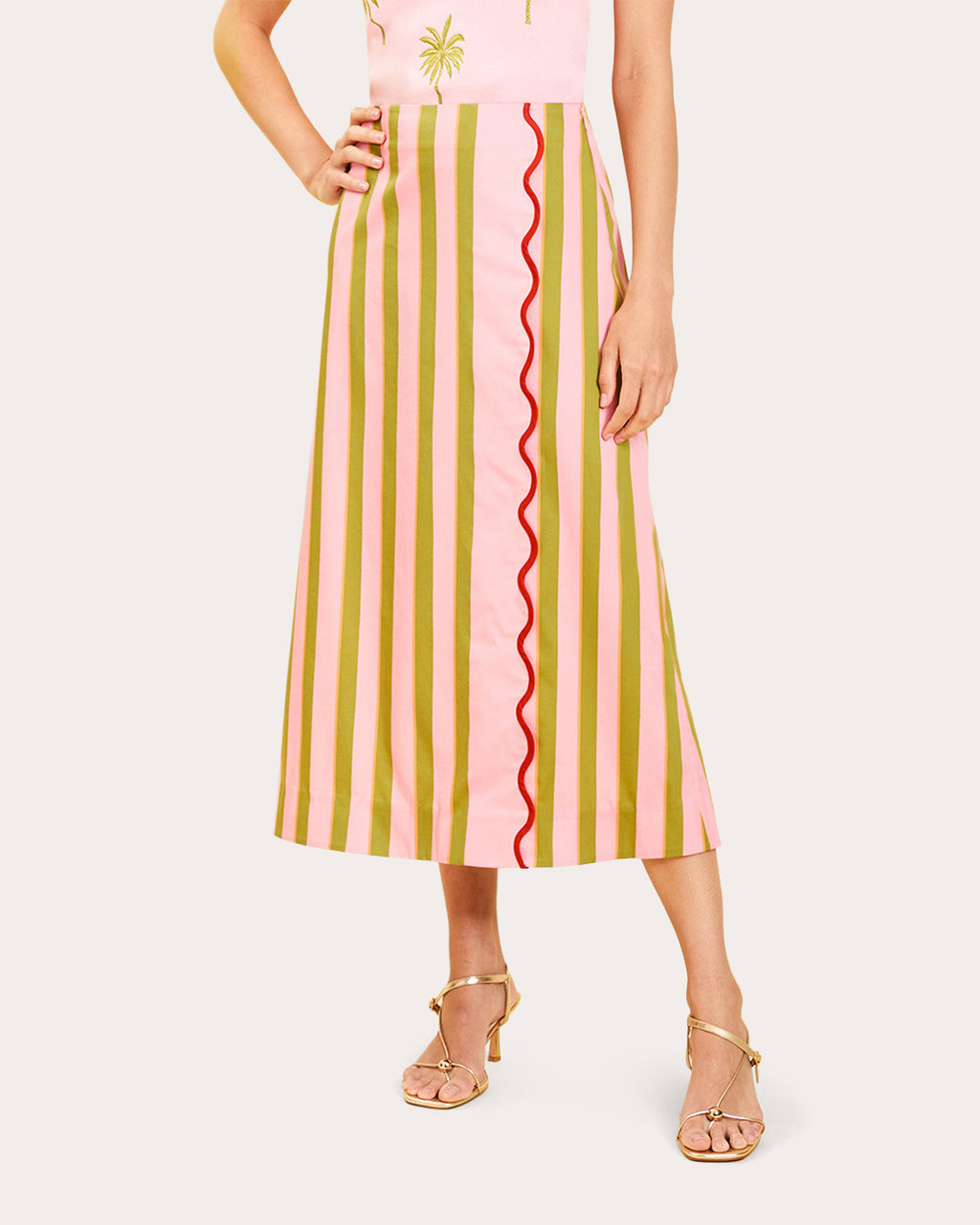 Joyah Stripe Poplin Scalloped Midi Skirt