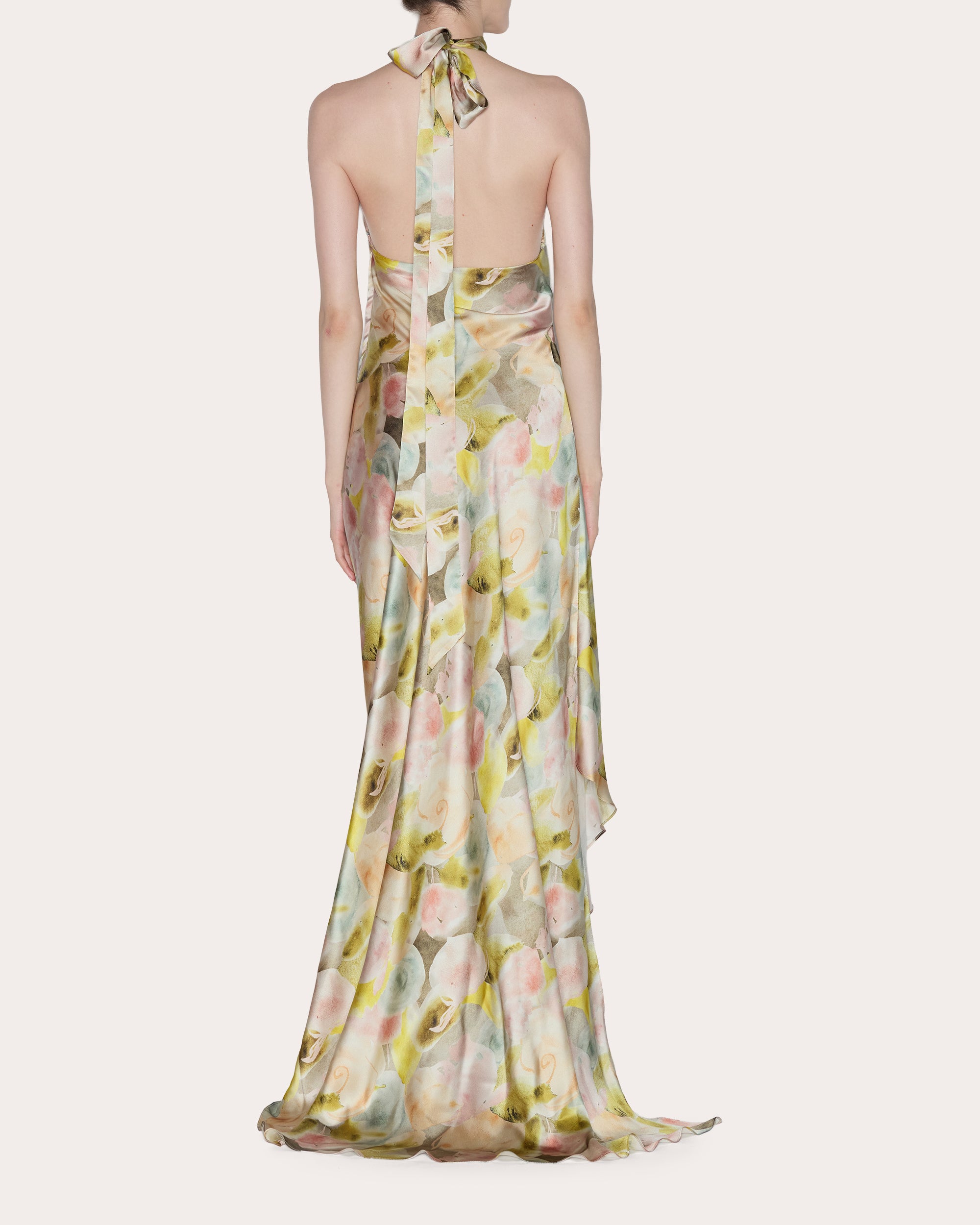 Ethereal Floral Silk Draped Halter Gown