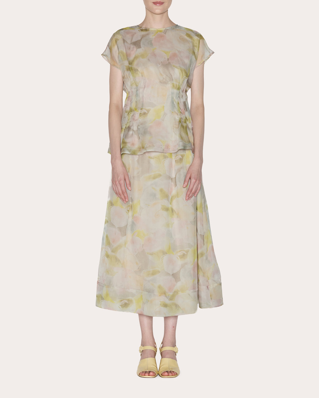 Essence Floral Silk Organza Pleated Top